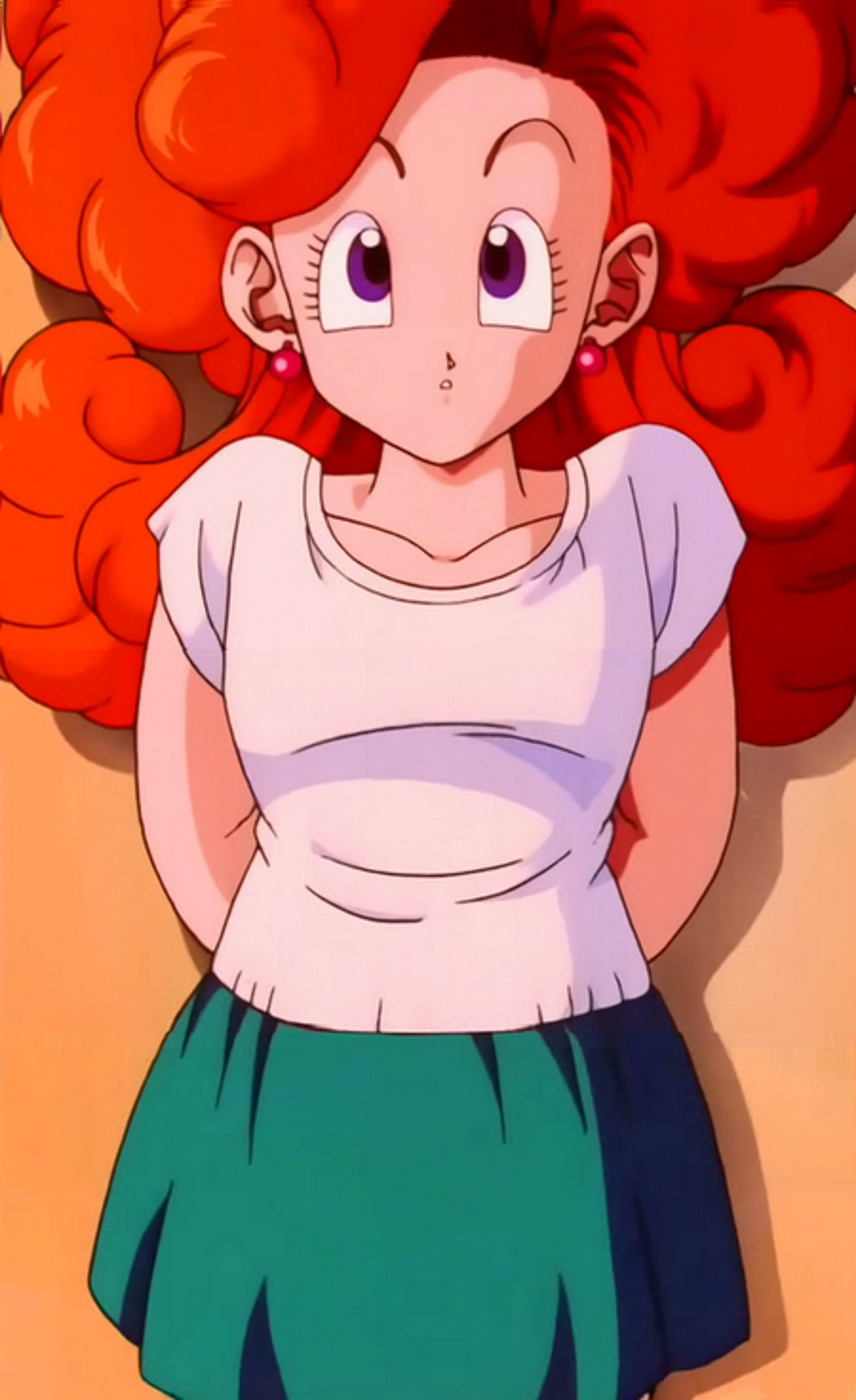 An anime-style female character with red hair and violet eyes wearing a school uniform