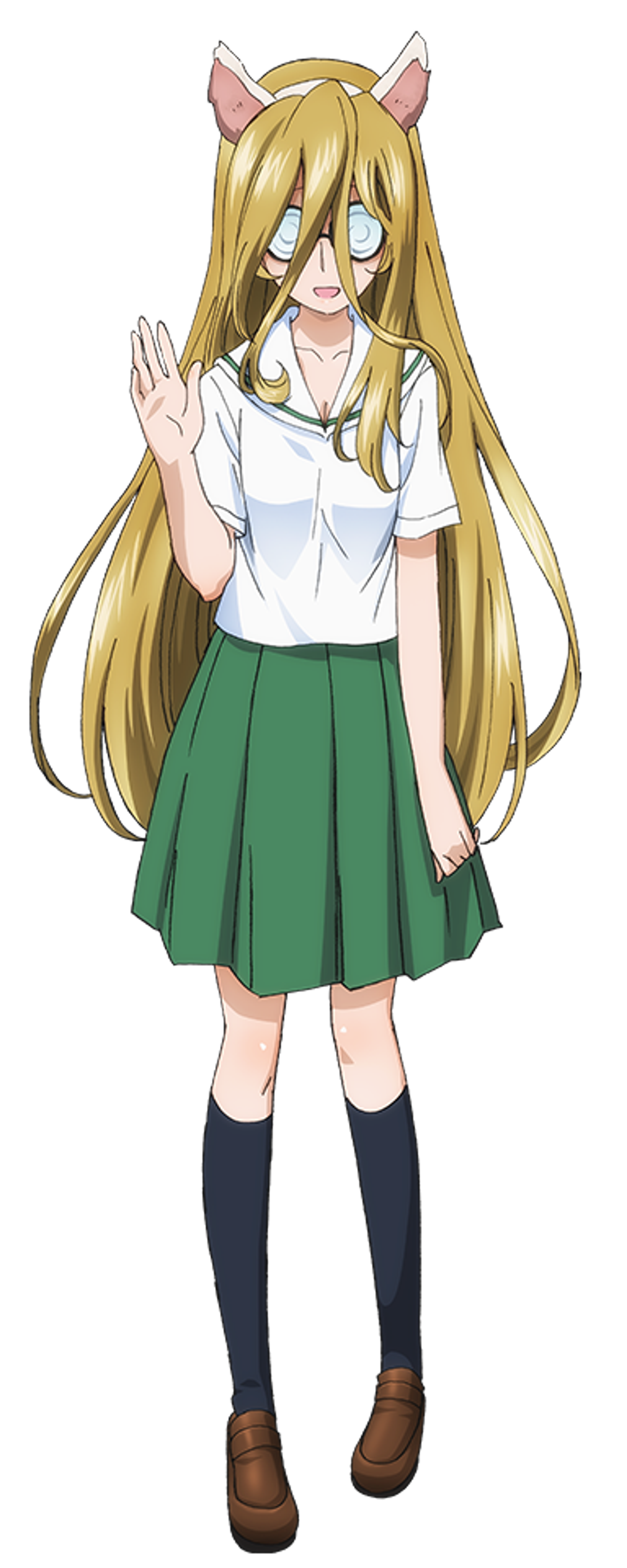 An anime-style character with long blonde hair, large glasses, and cat ear accessories, wearing a white shirt and green skirt.