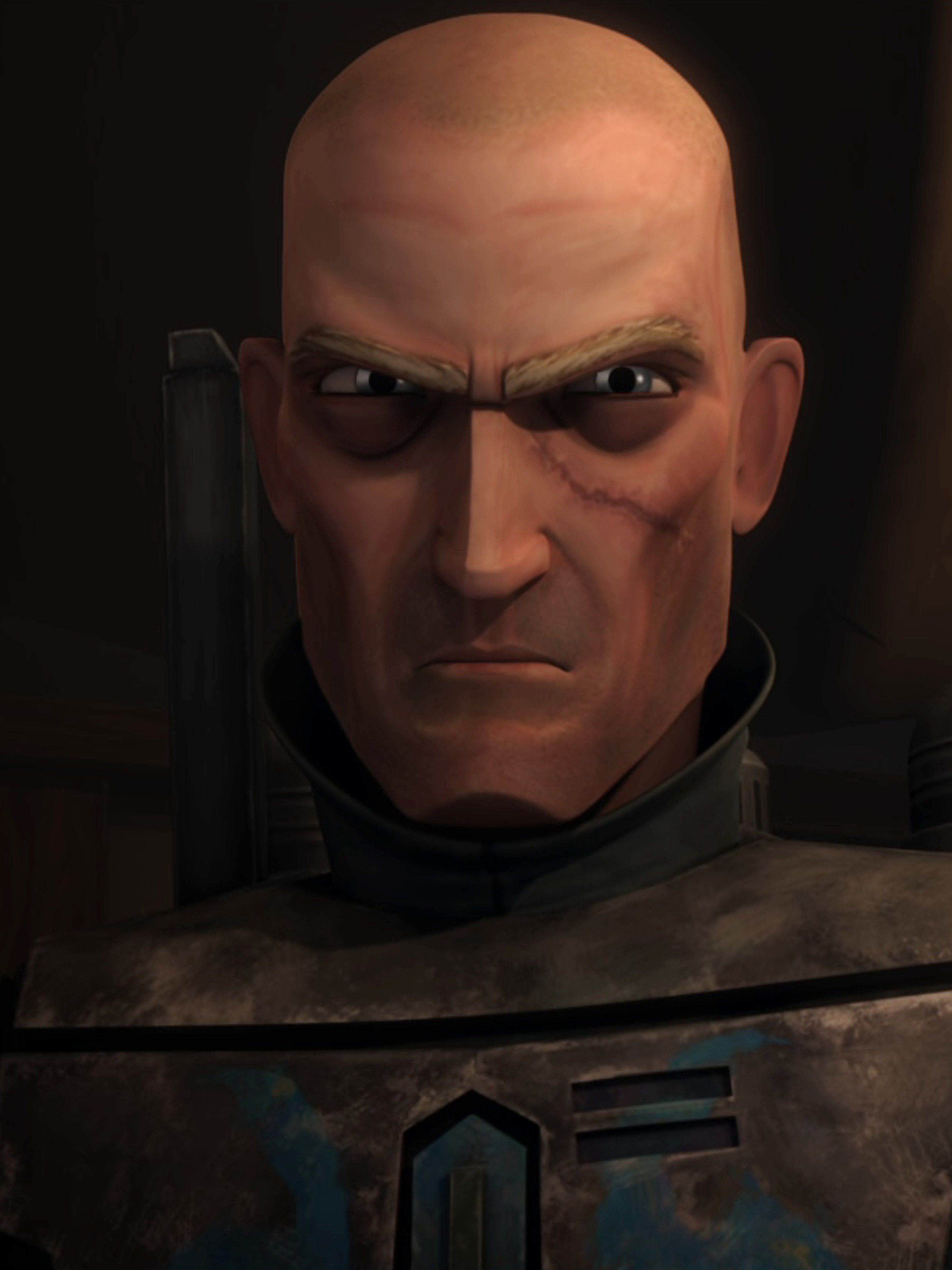 A bald, scarred man in a military uniform with an angry expression