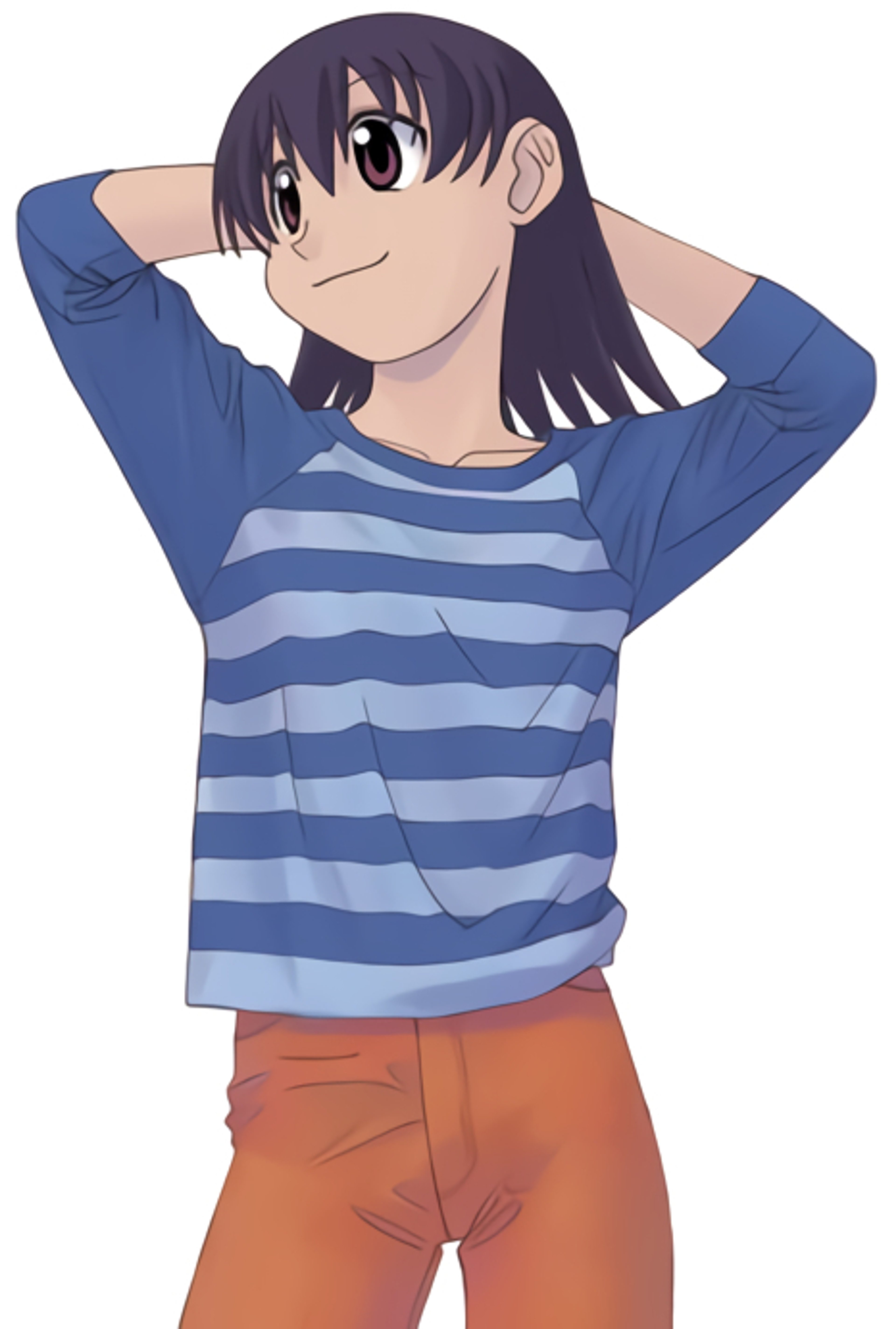 An anime-style character of a young teenage girl with long dark hair, wearing a blue and white striped shirt and looking mischievous.