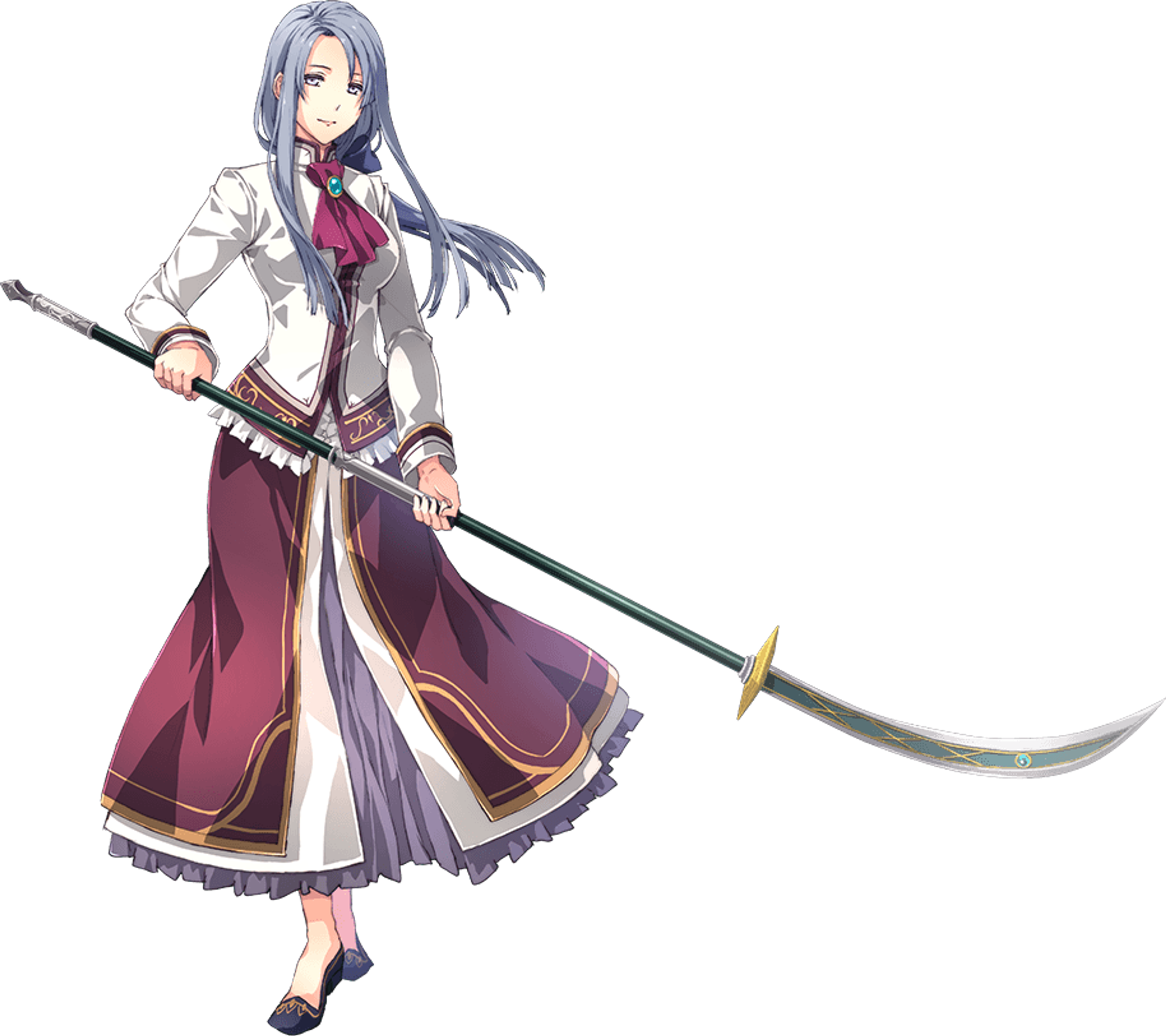 A woman with long pale blue hair and lavender eyes, wearing a lavender and white dress and holding a naginata.