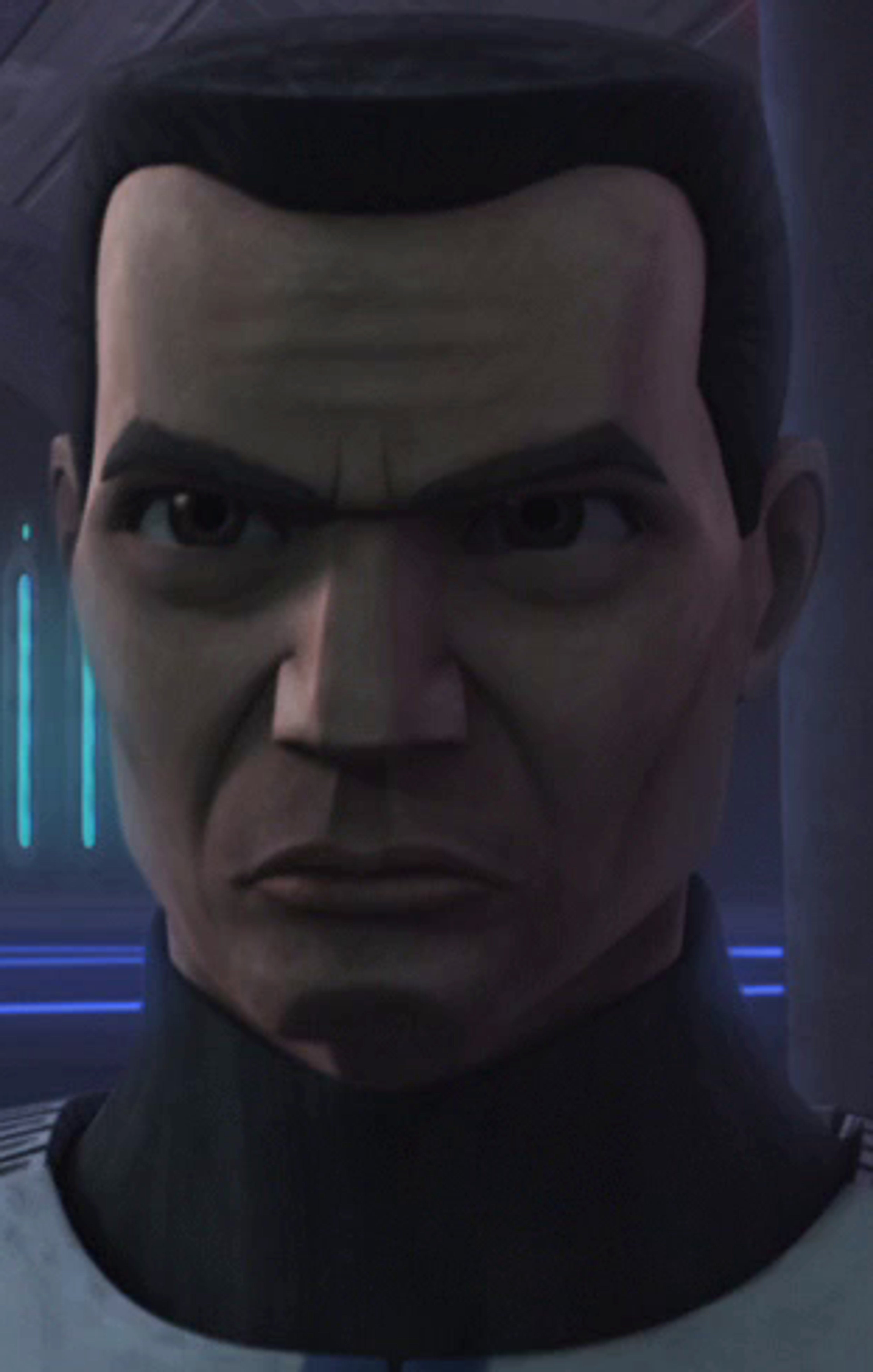 A close-up of a male clone trooper character from the Star Wars universe, with a serious expression on his face.