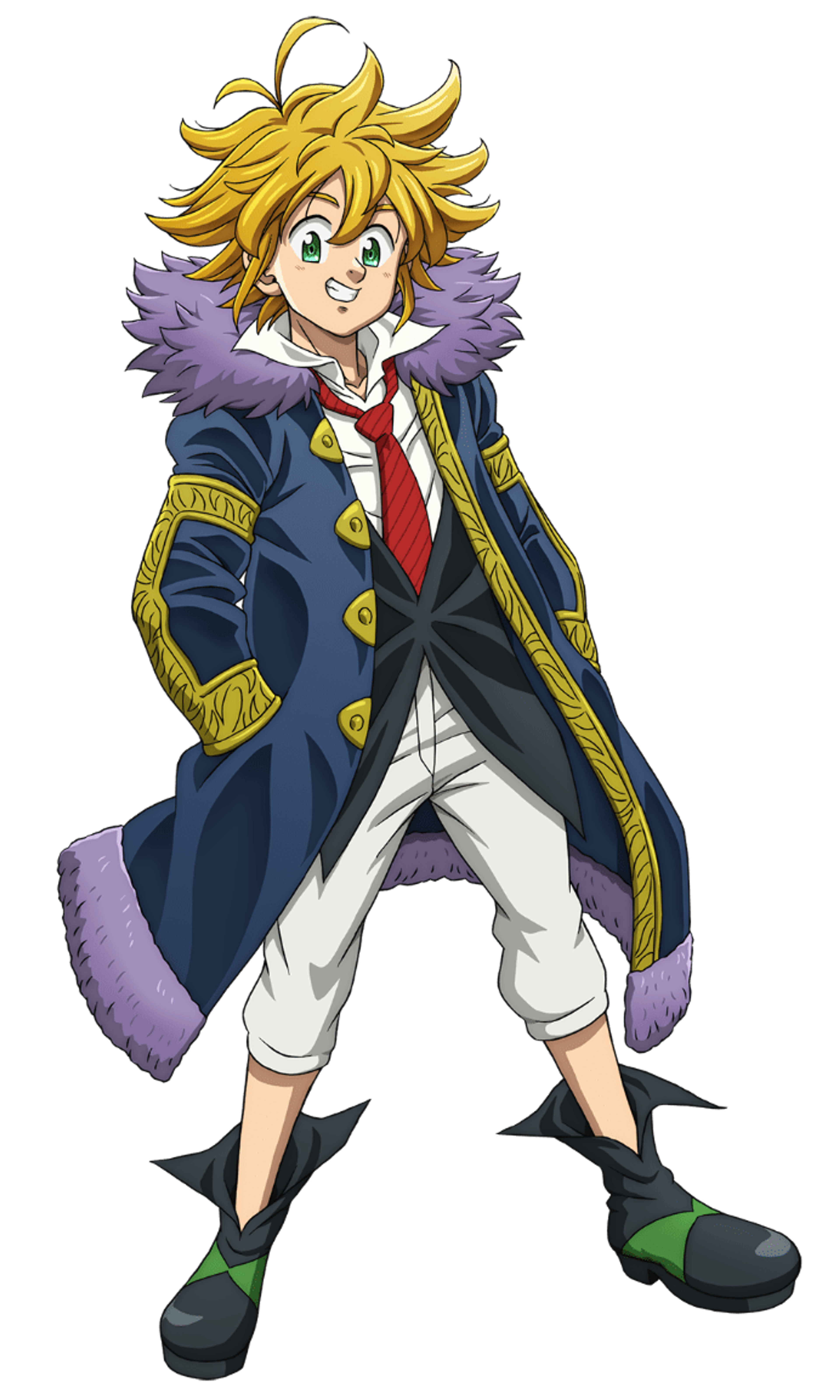 An anime-style character with spiky blonde hair and a youthful appearance, wearing a dark blue coat with gold trim, a red tie, and white pants.
