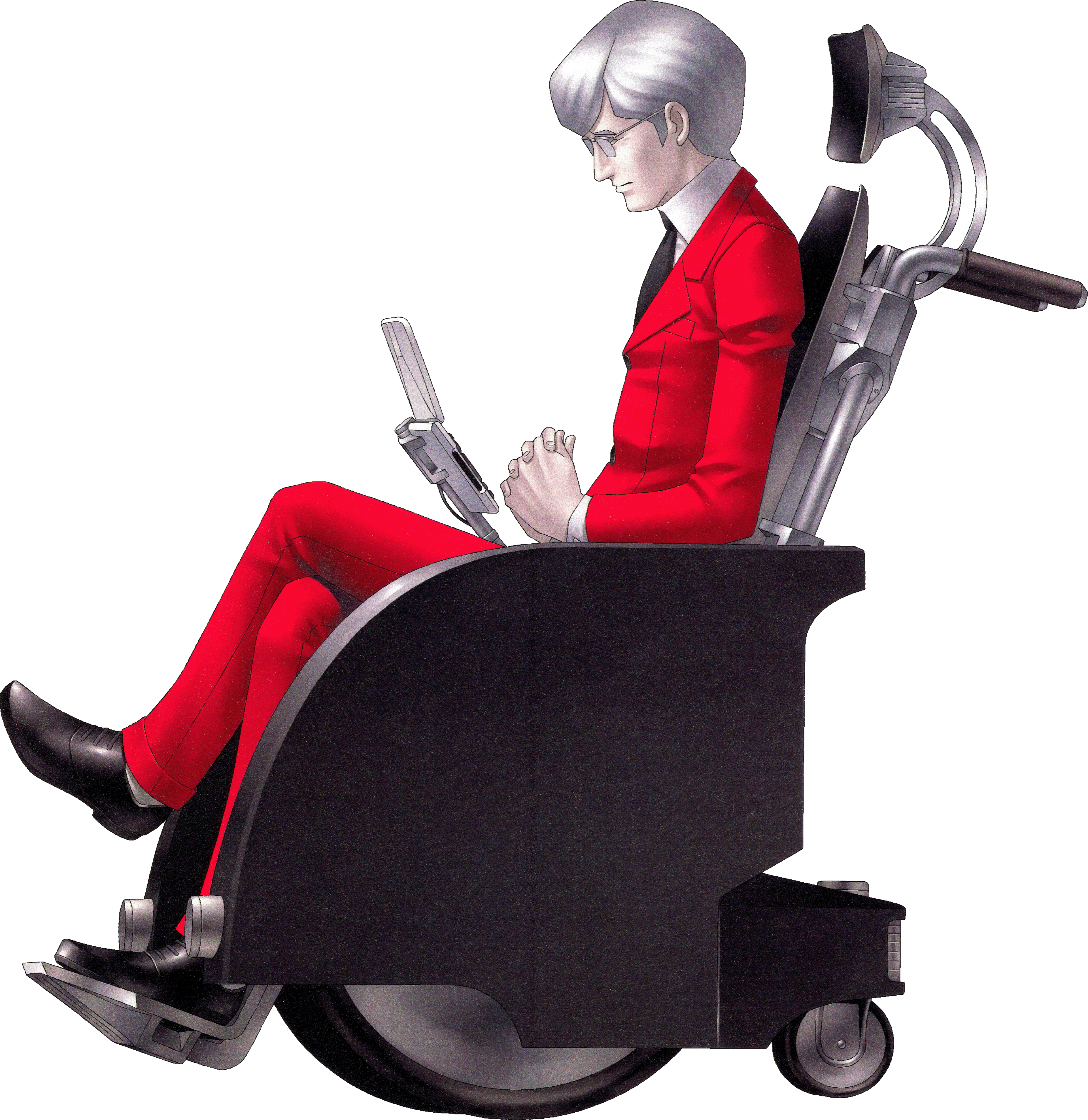 A man in a red suit sitting in a wheelchair, using a computer or device