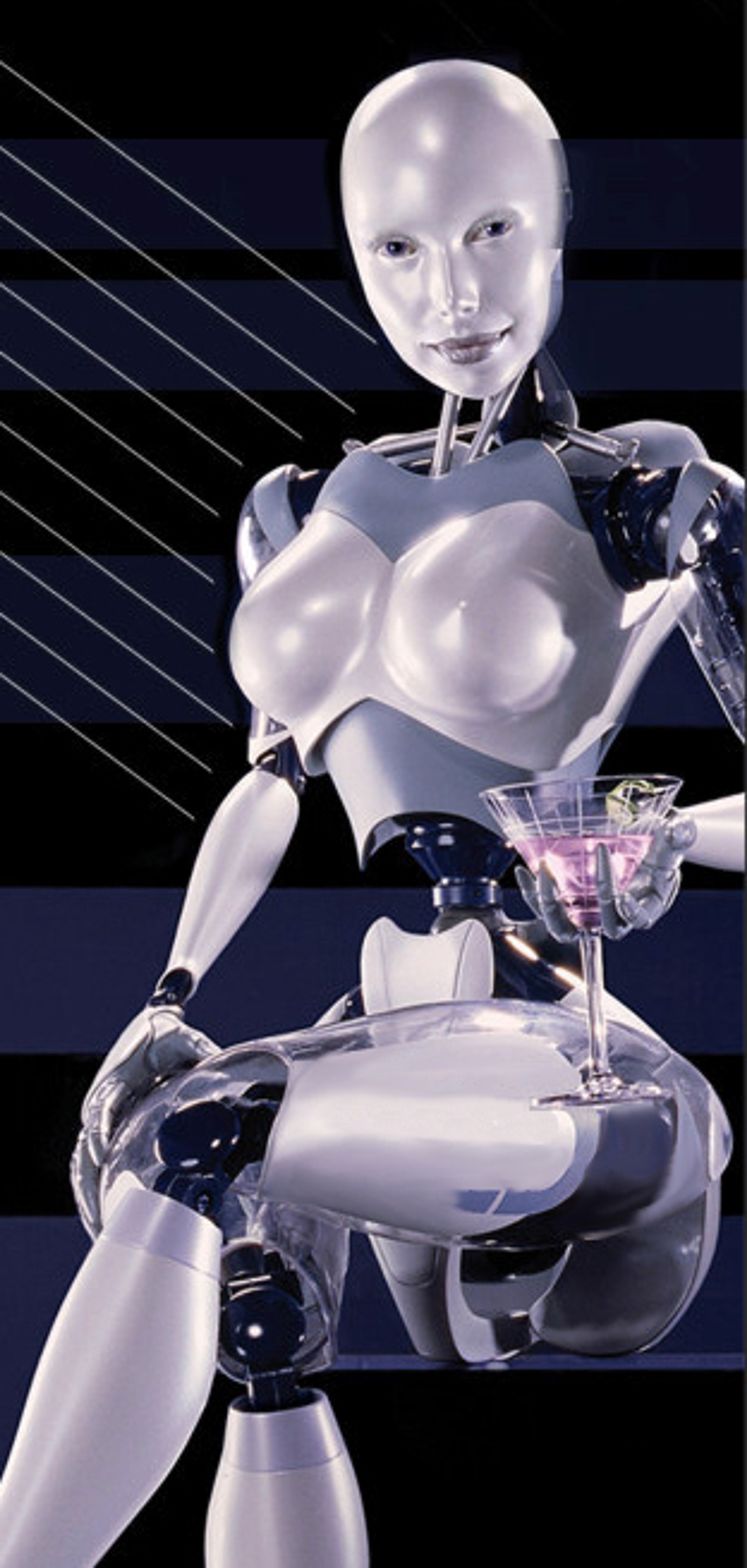 A sophisticated luxury droid model with a sleek, high-tech appearance sitting in a chair holding a glass.