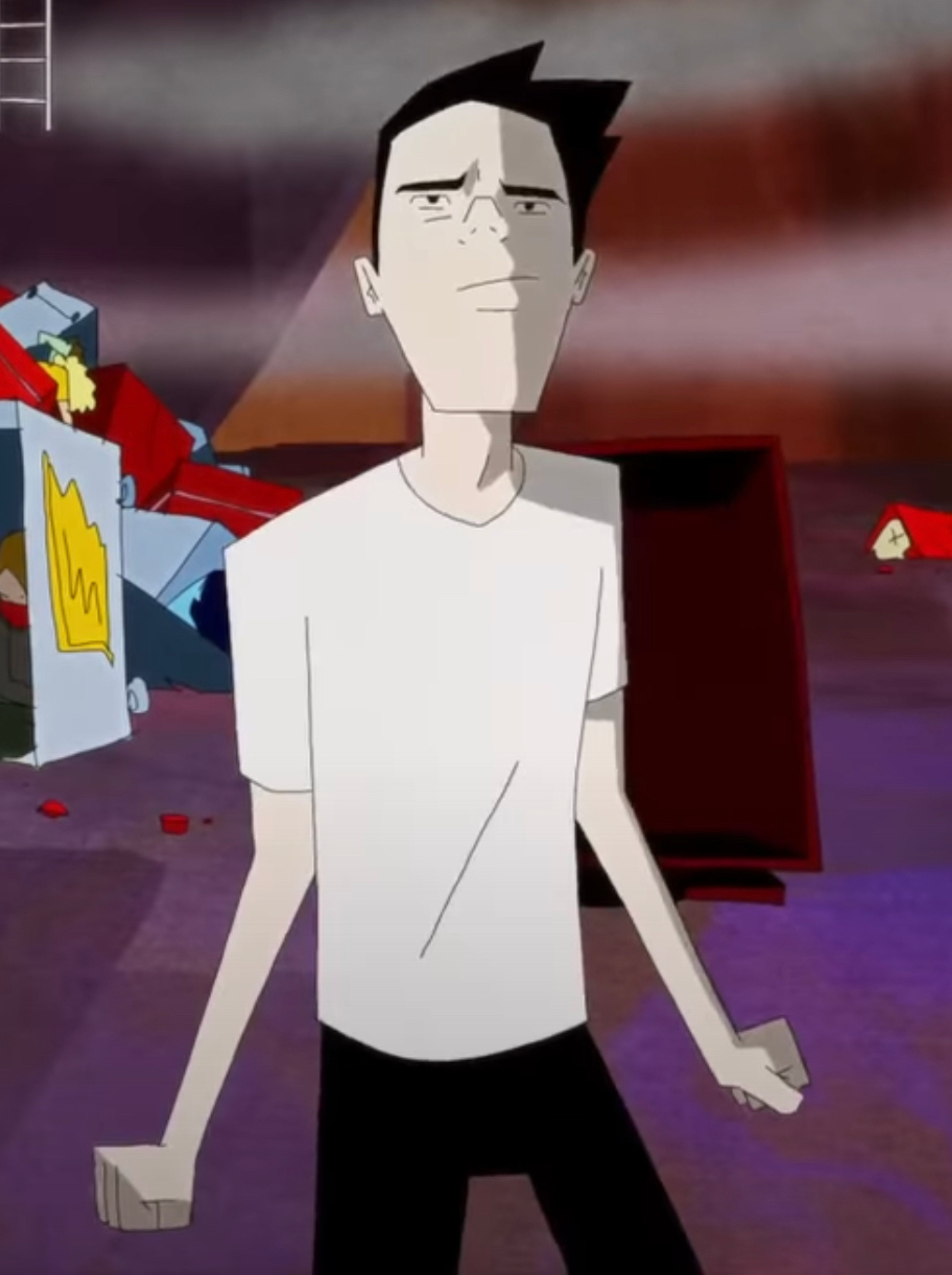 An animated character with a serious expression in a gritty urban setting