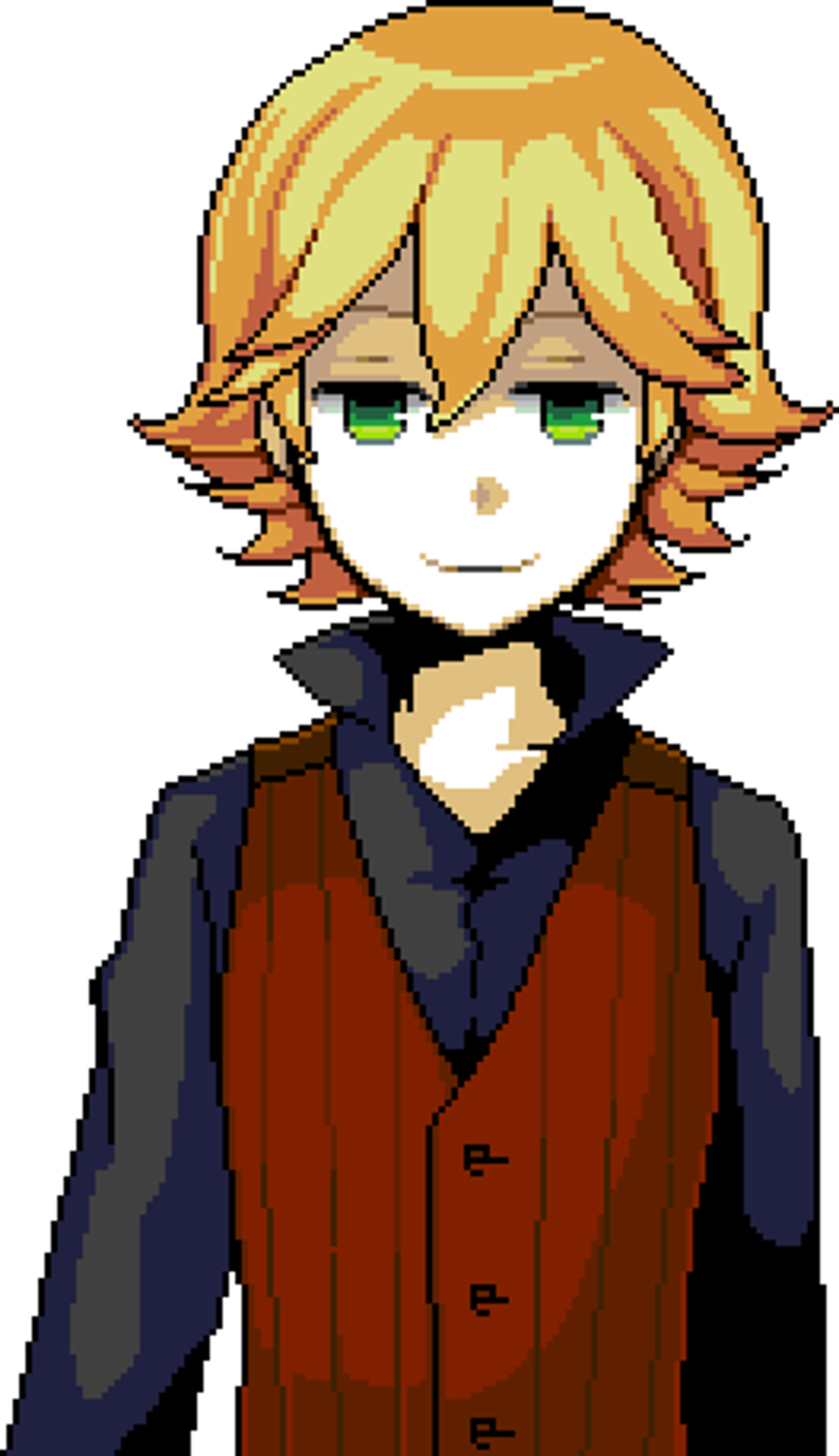 A pixel art character with blonde hair, green eyes, and a black outfit with a red vest.