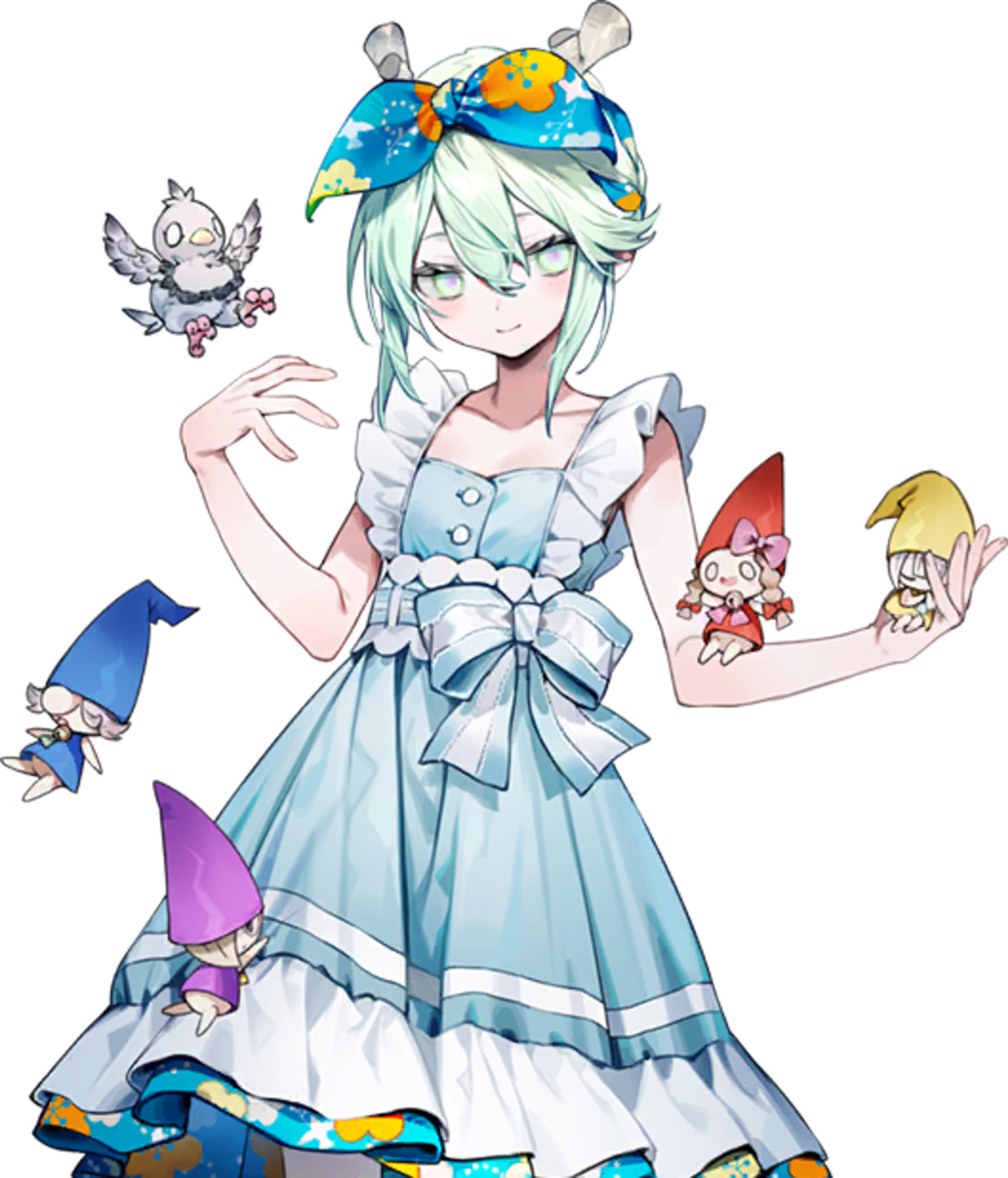 A young, blue-haired female character in an elaborate dress, surrounded by fantastical creatures