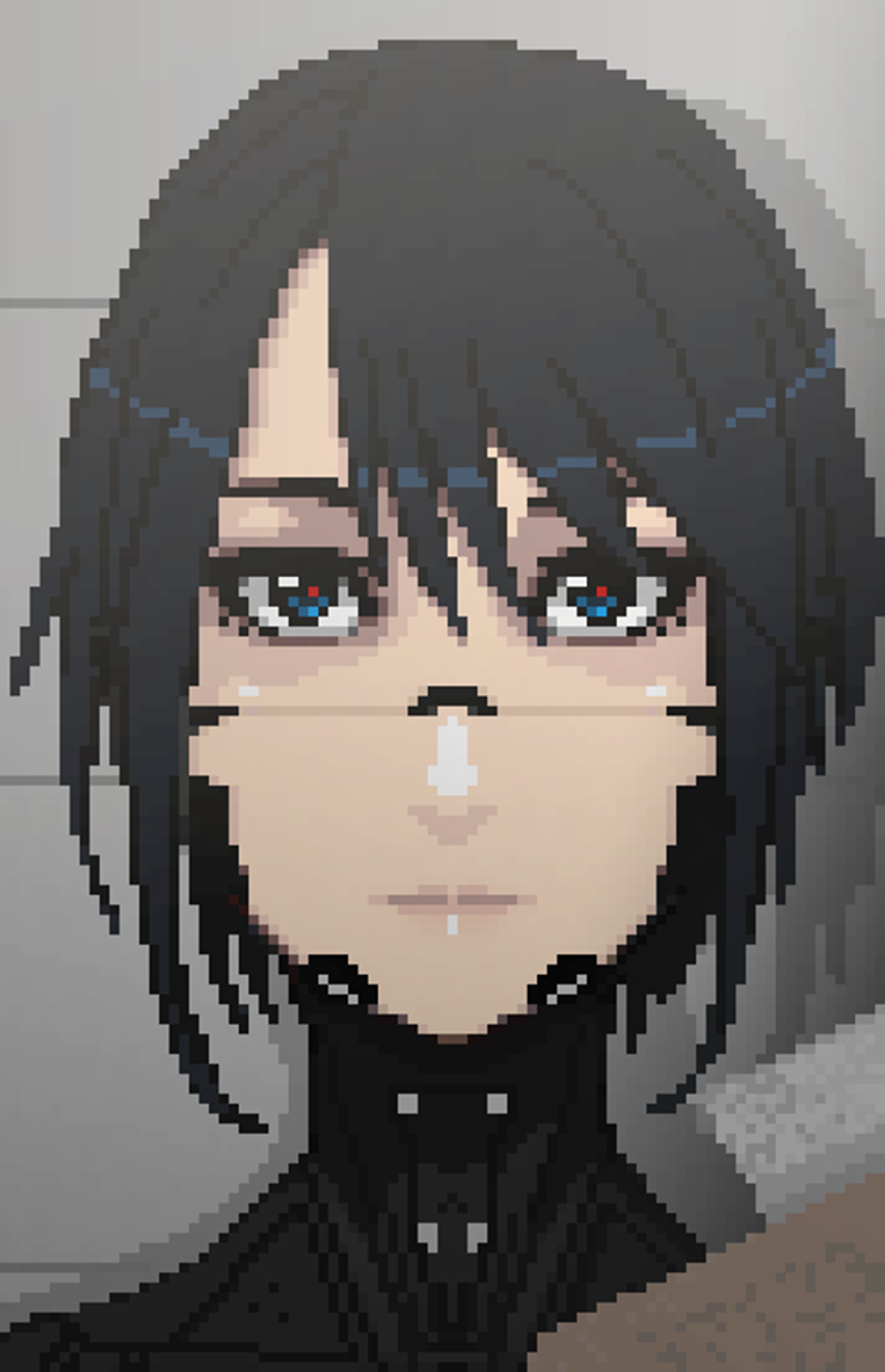 A detailed pixel art portrait of a young woman with short black hair and blue eyes, wearing a black outfit.