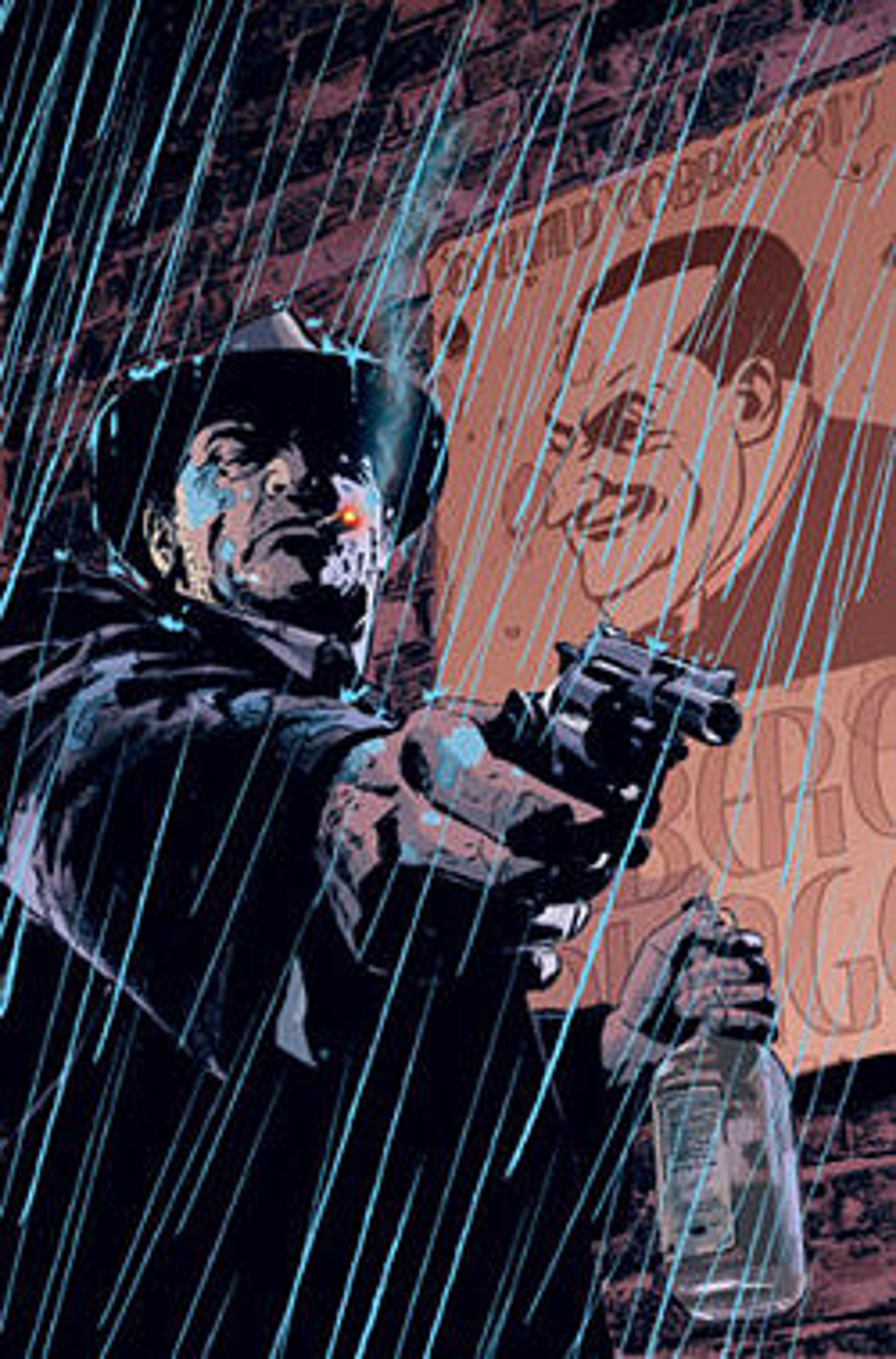 A gruff, overweight detective in a dark coat and hat holding a gun in a rainy urban setting