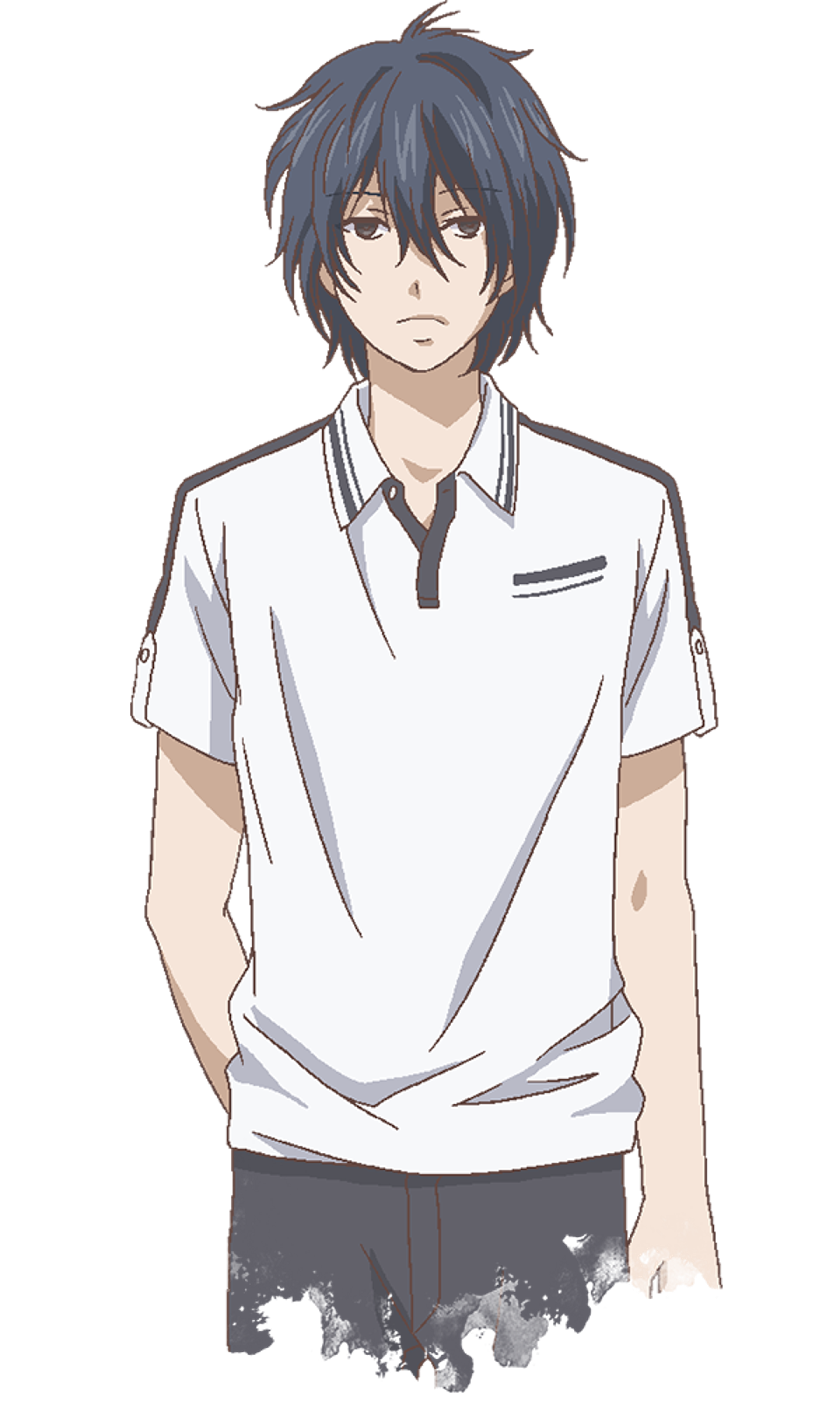 A young male anime-style character with dark hair and a serious expression