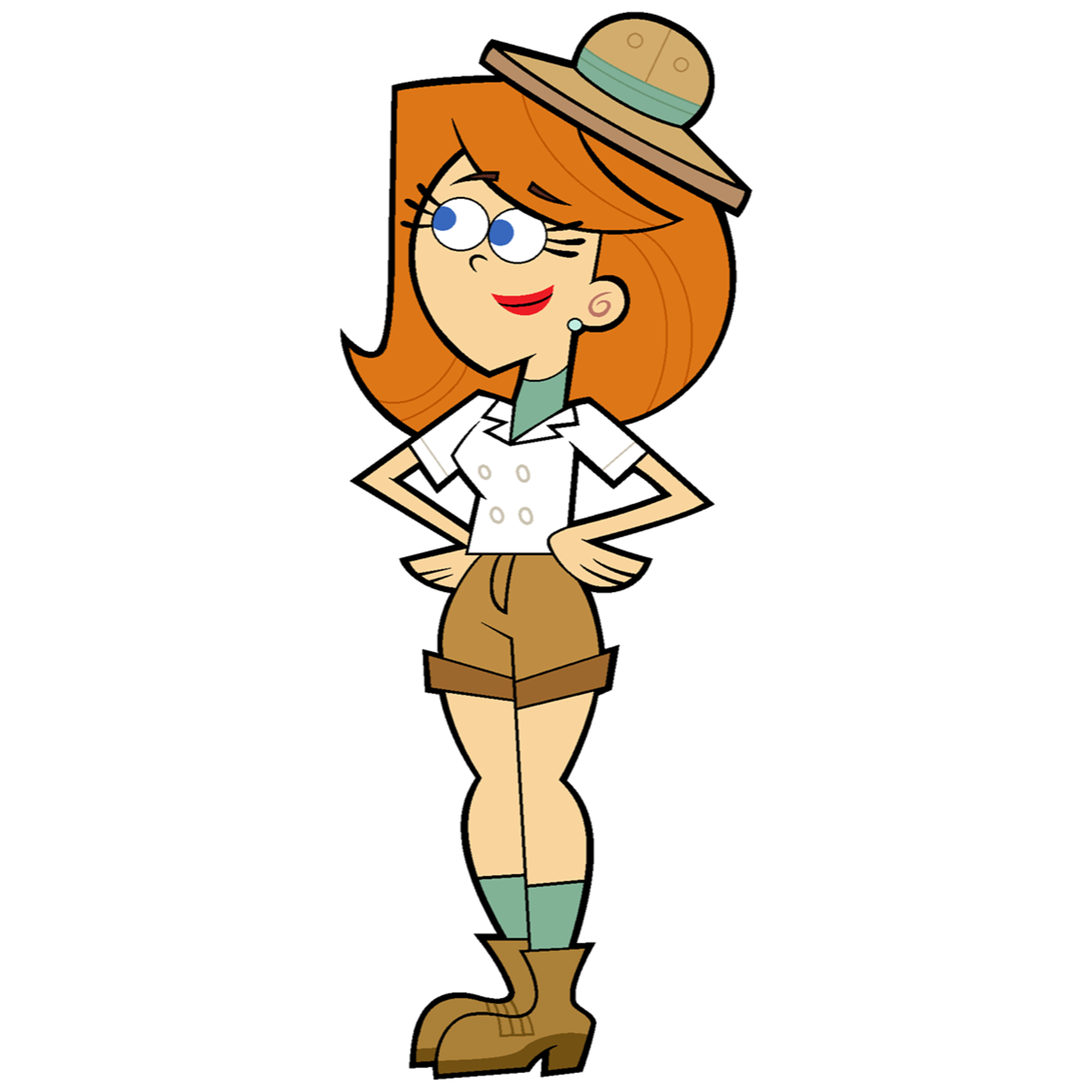 An animated female character in a safari outfit with orange hair and a determined expression