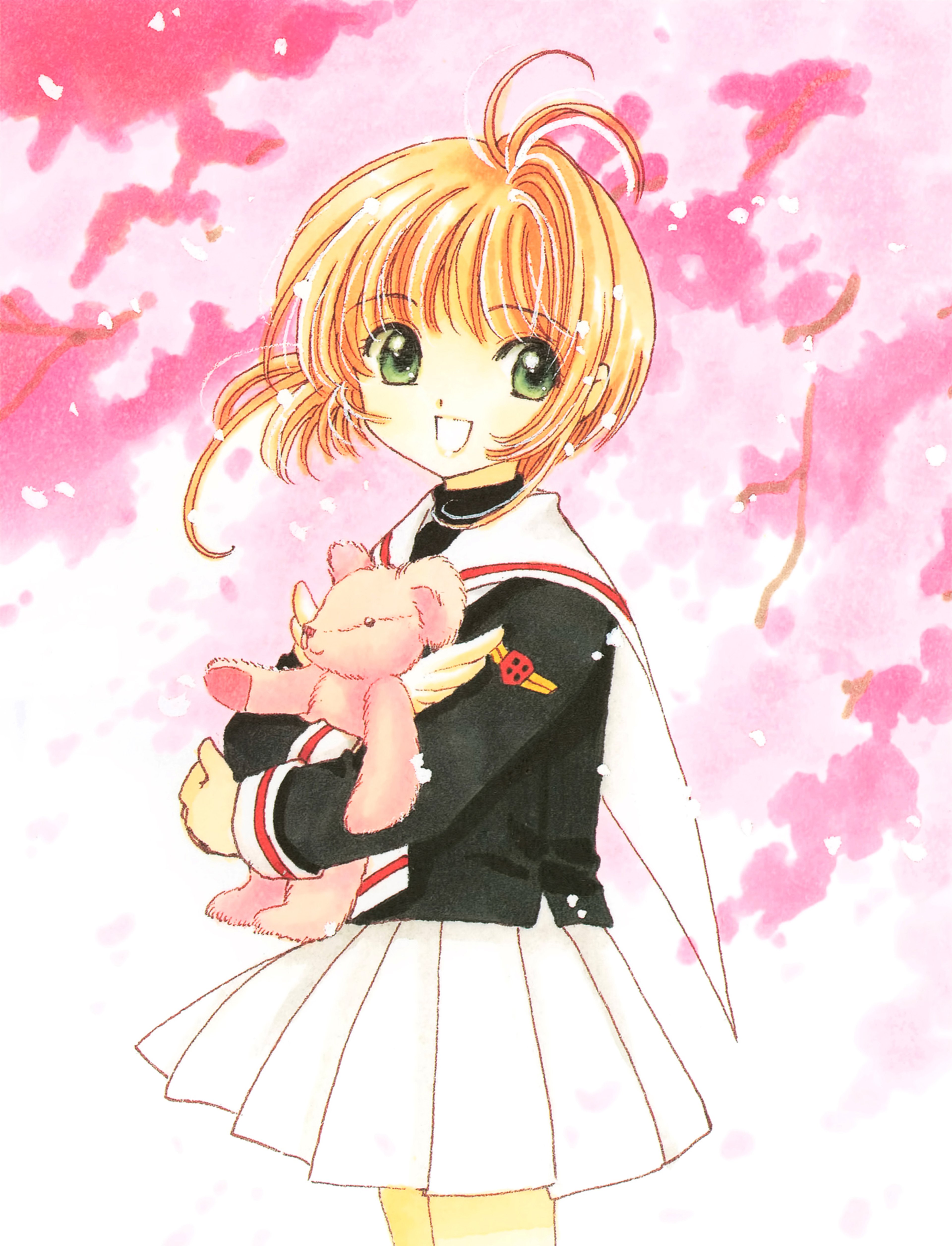 An anime-style illustration of a young girl with blonde hair in a bun, wearing a black dress, holding a pink stuffed animal.