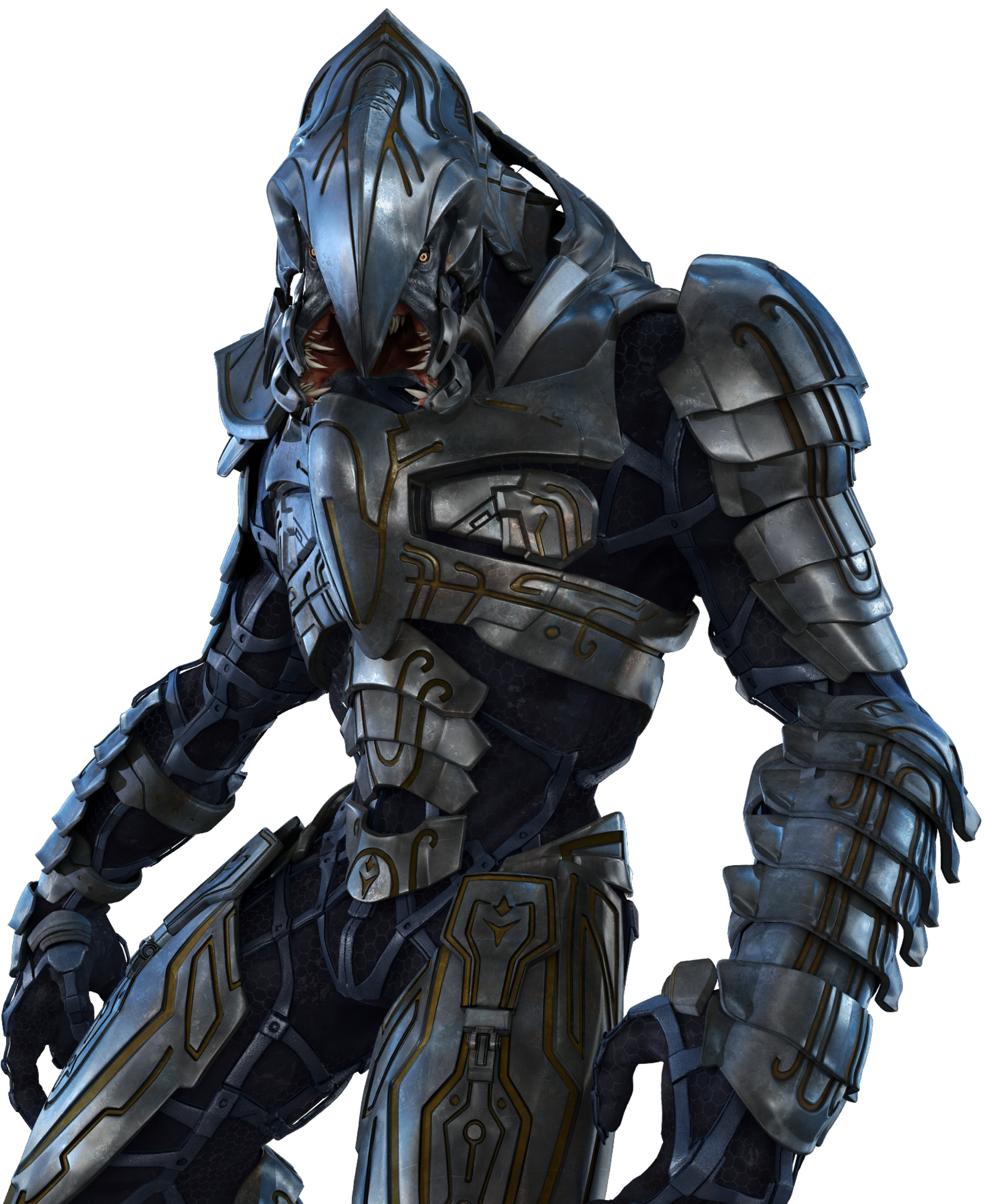 A heavily armored, reptilian-like humanoid warrior character