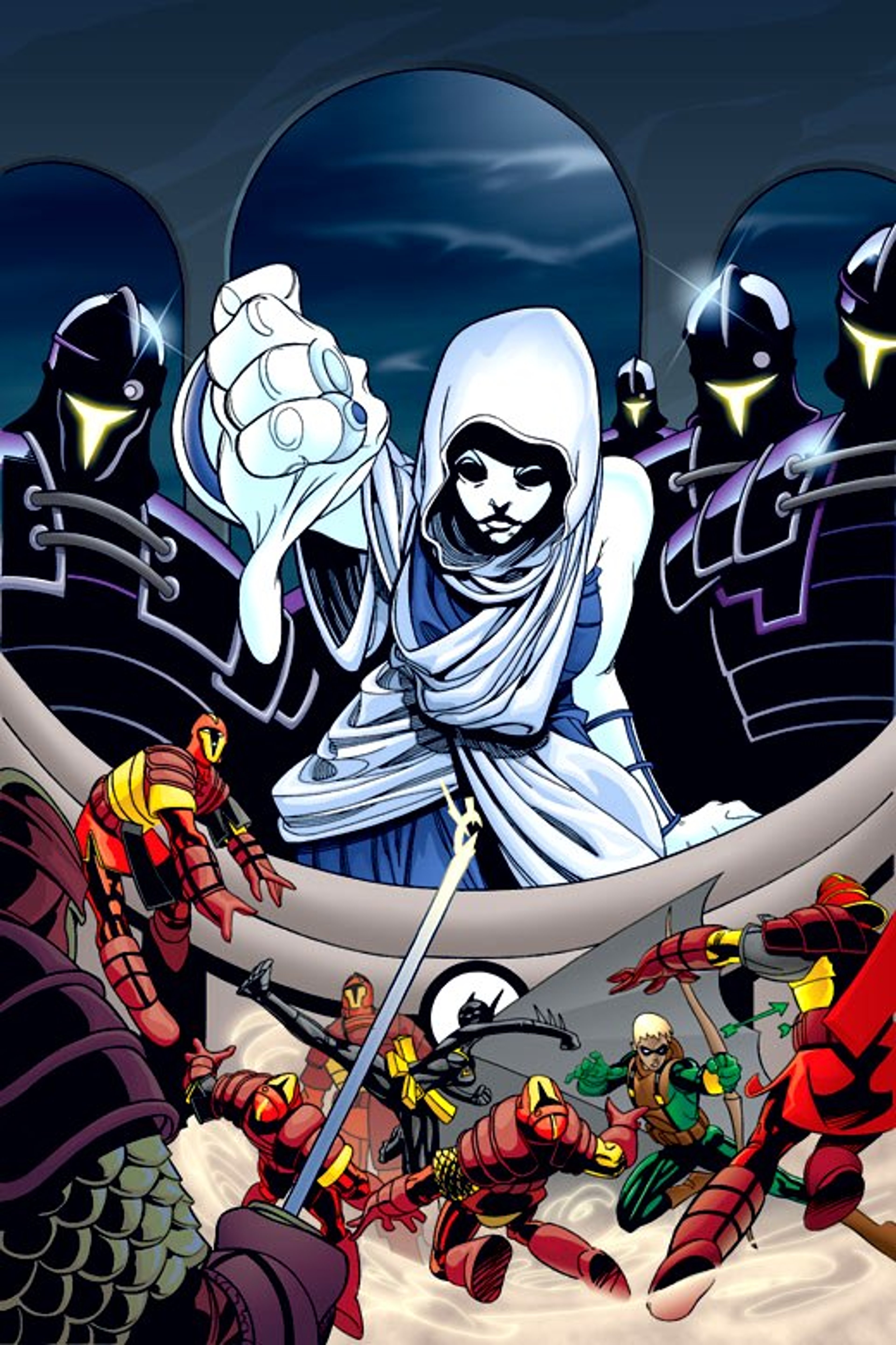 A group of villainous-looking characters in a dramatic, comic book-style scene