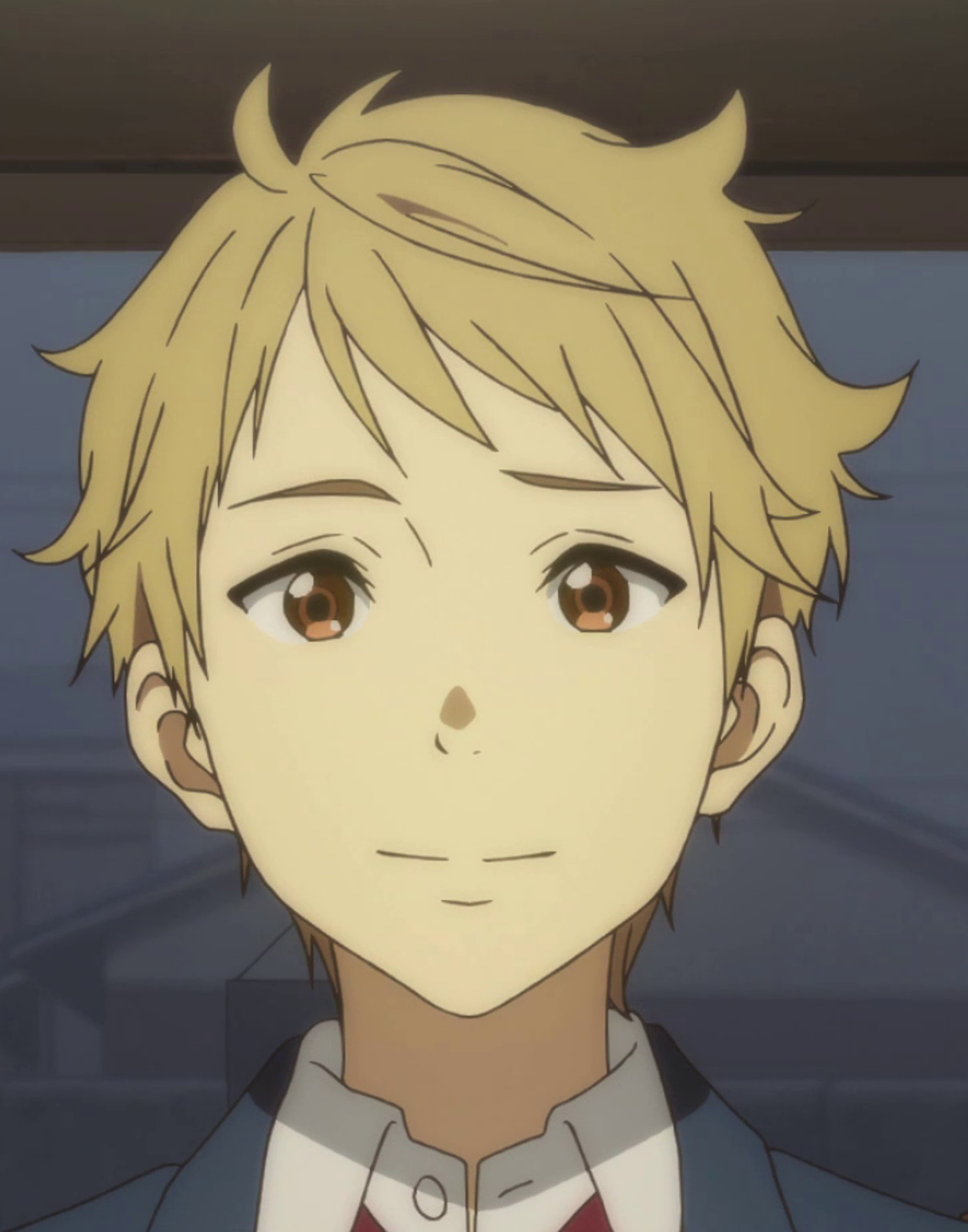 An anime-style character with blonde, spiky hair and a friendly expression
