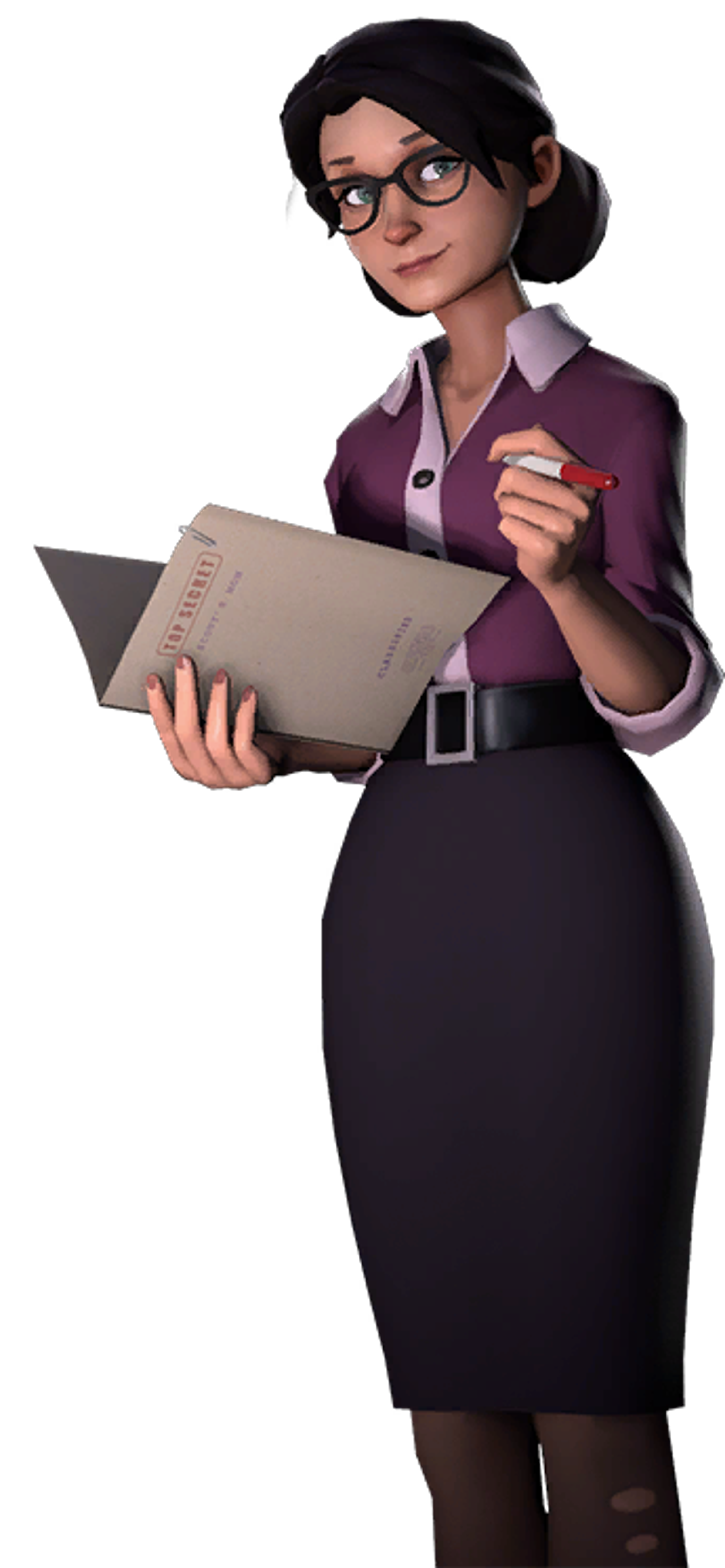 A woman in professional attire holding a clipboard in an office setting.