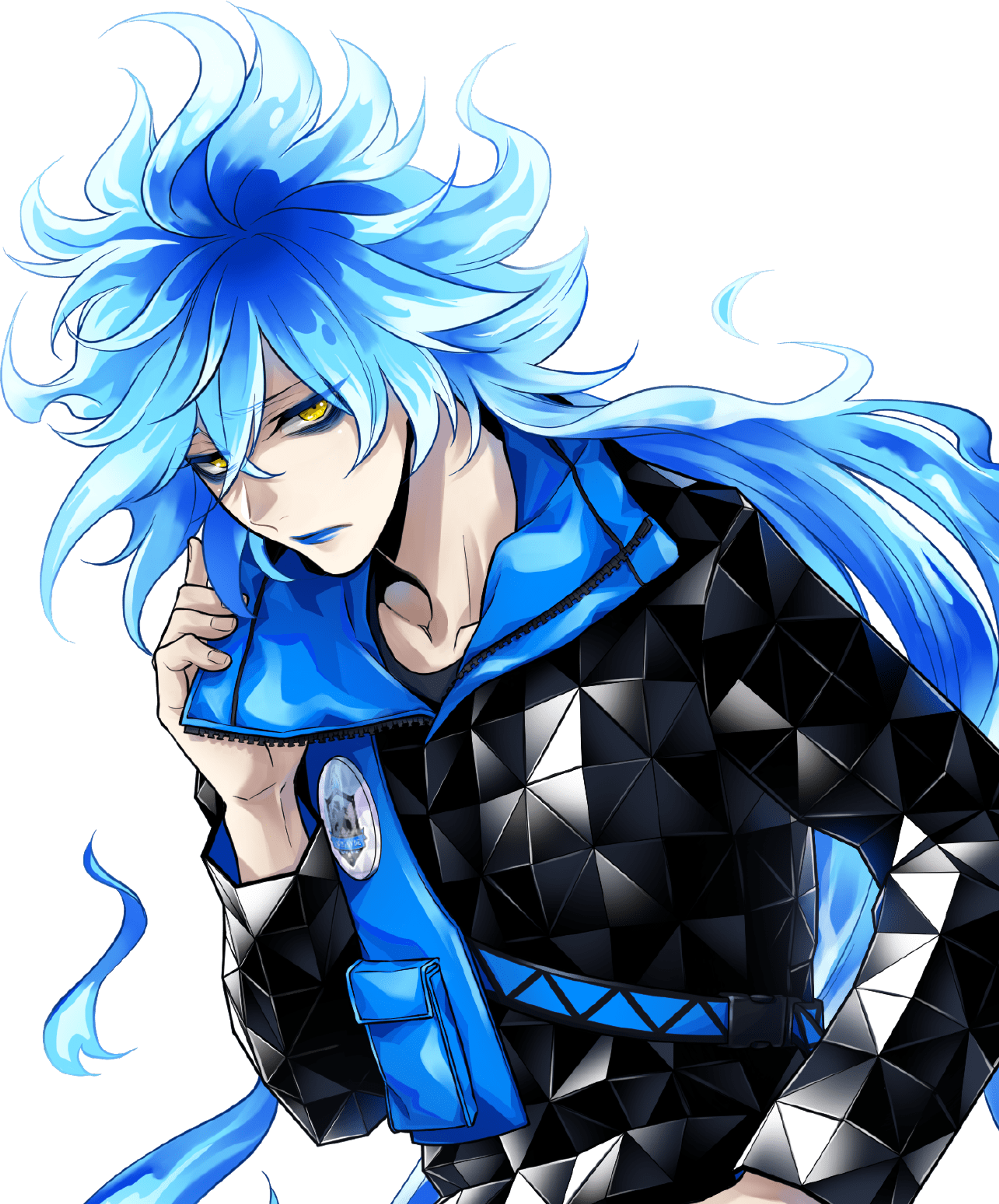 A young male anime-style character with blue hair and a serious expression, wearing a black and blue outfit with geometric patterns.