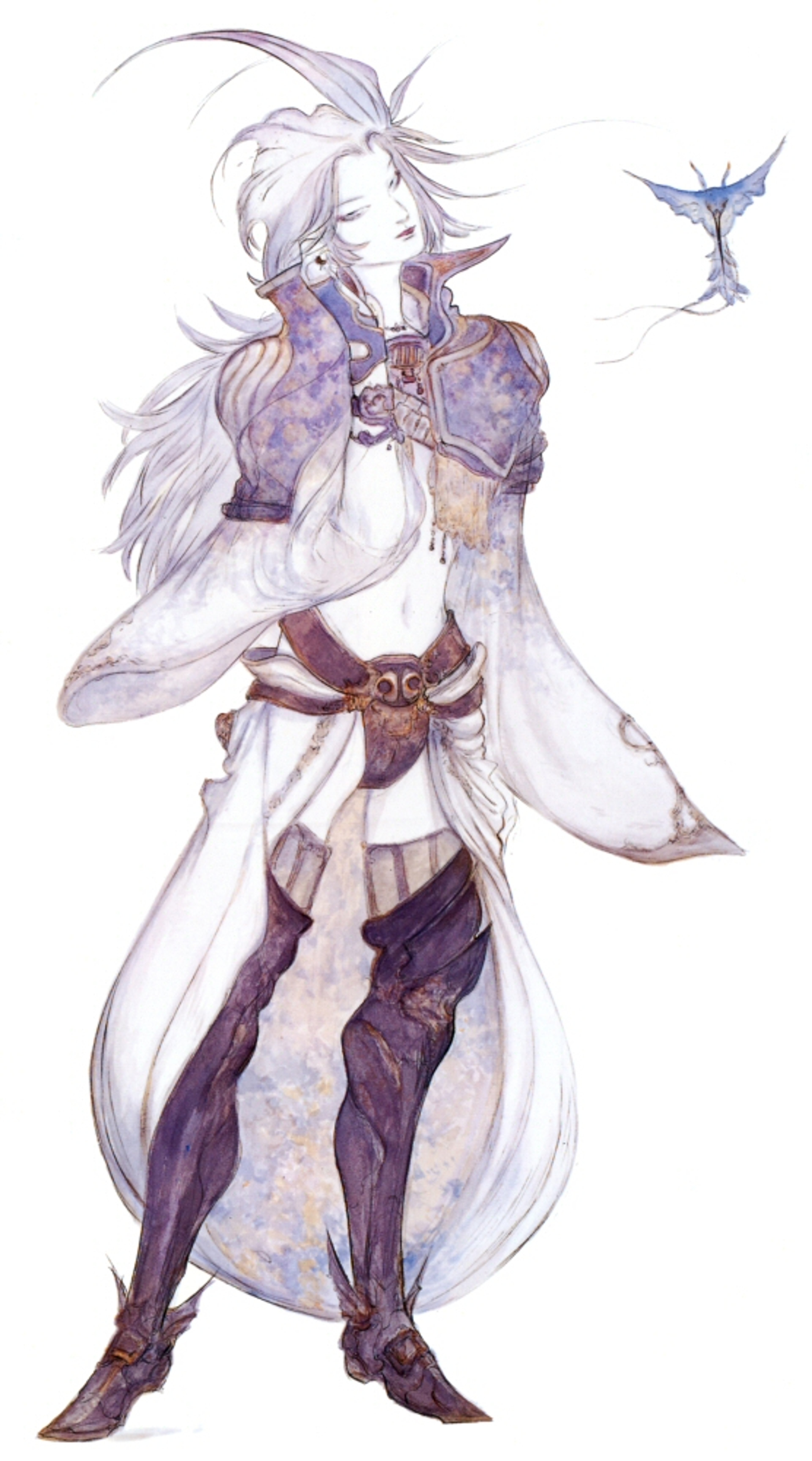 An elegant, androgynous male character with long white hair wearing an ornate purple and white outfit.
