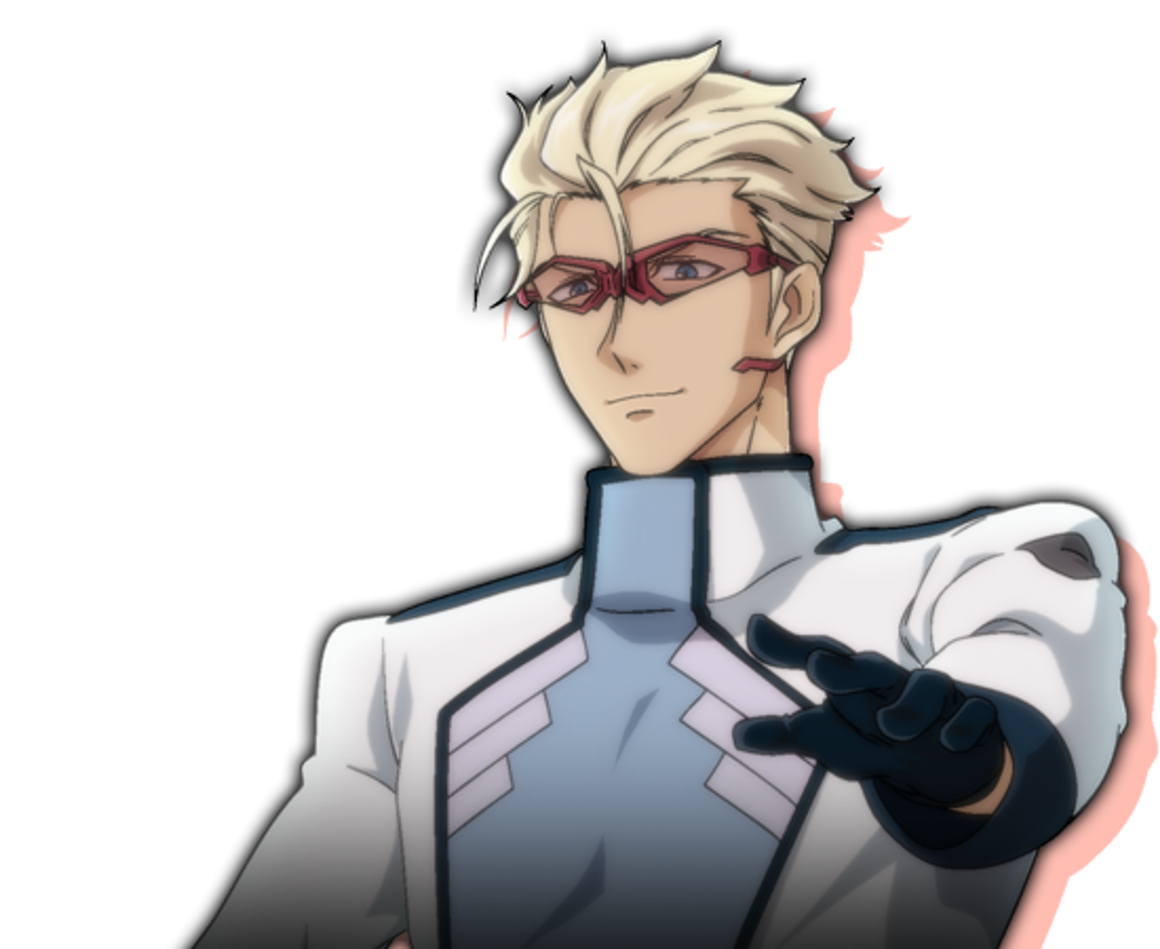 A male character with white hair and red eyes wearing a high-tech military uniform