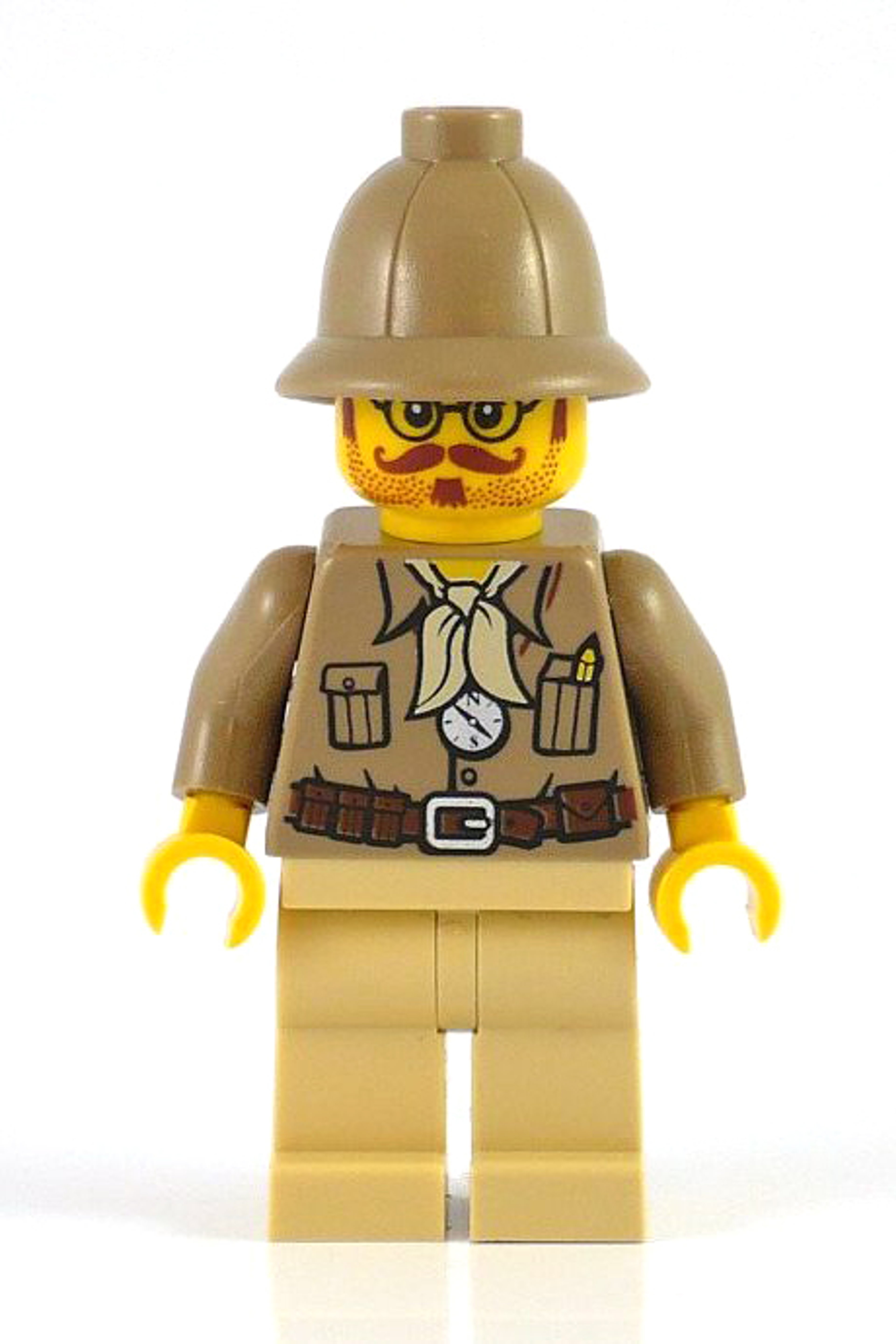 A Lego minifigure character in an explorer outfit with a pith helmet and mustache