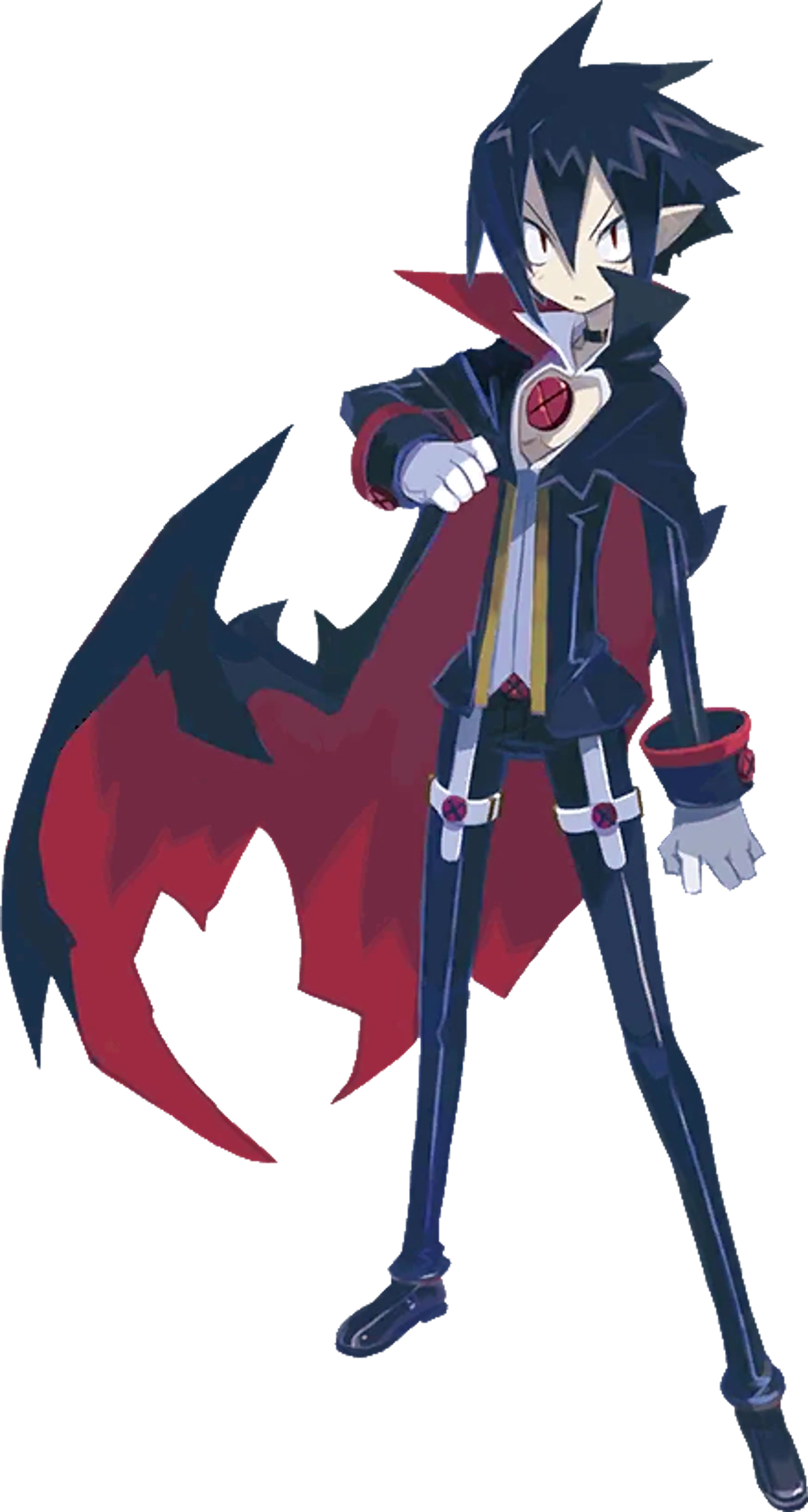 An anime-style character with dark blue hair and red eyes, wearing a black outfit with red accents and holding a red sword-like weapon.