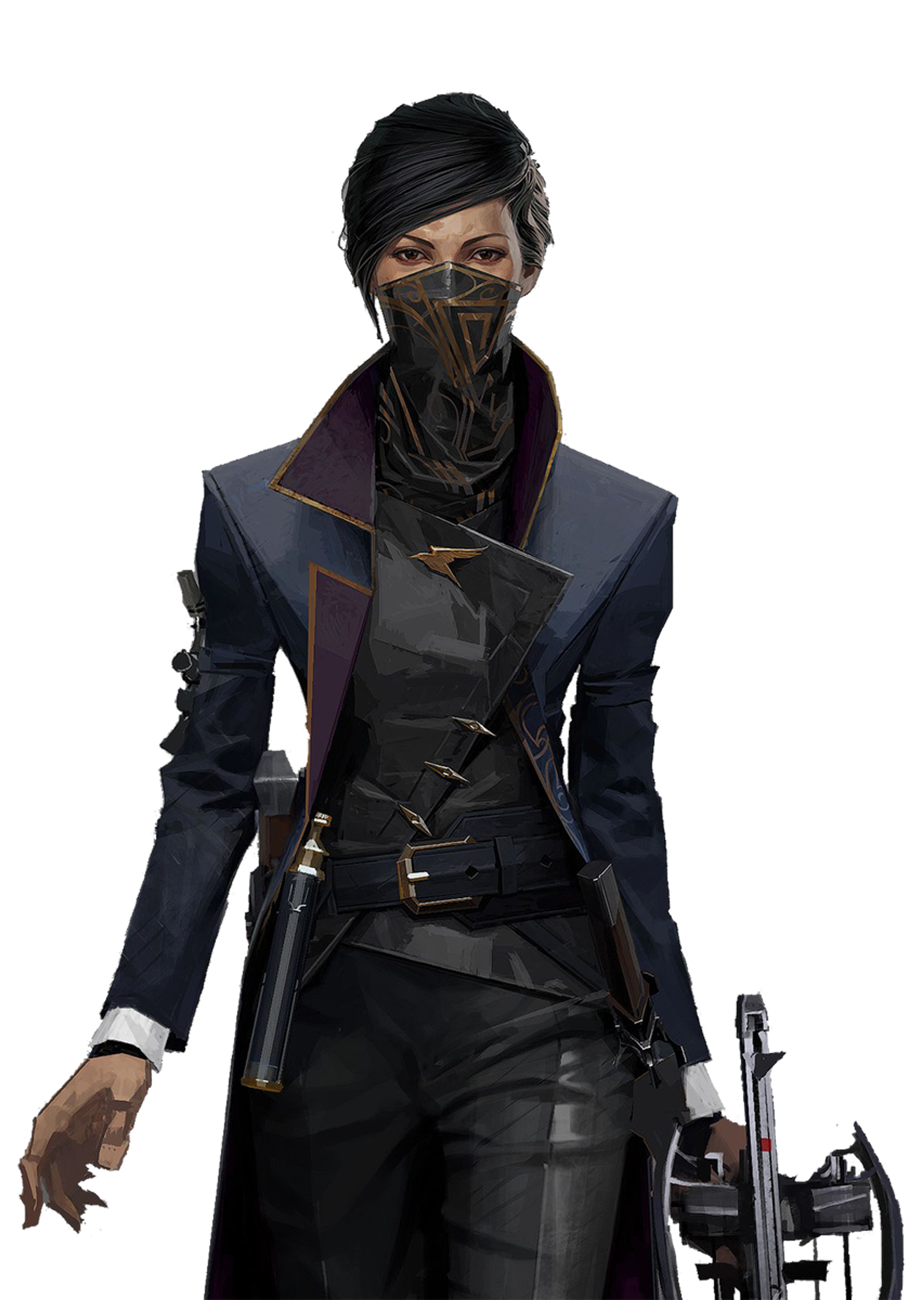 A woman in a dark, hooded outfit with a mask, holding a weapon or tool and standing in a combat-ready pose.