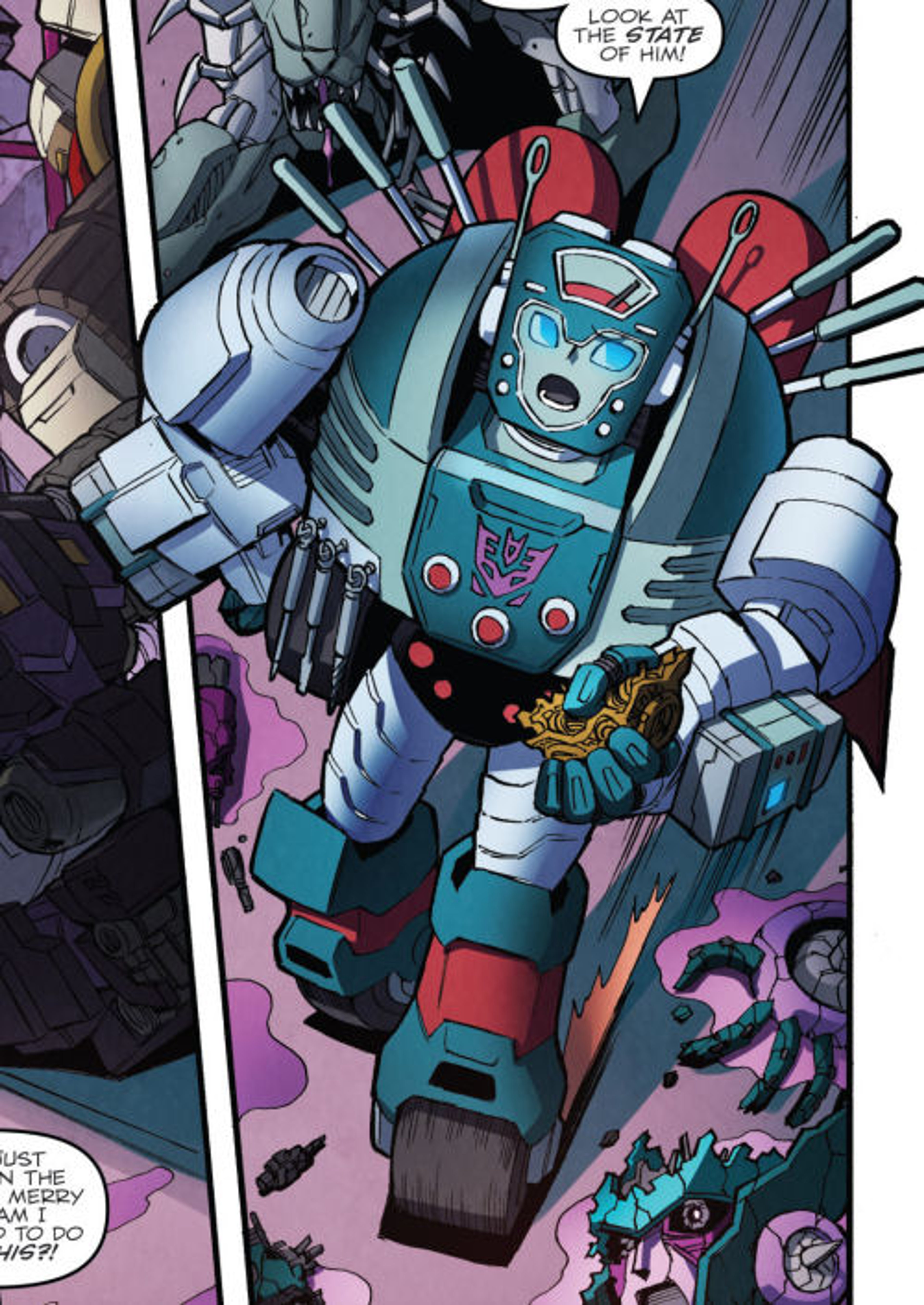 A small, silver and red Decepticon robot character named Nickel, who appears to be a medic or maintenance bot.