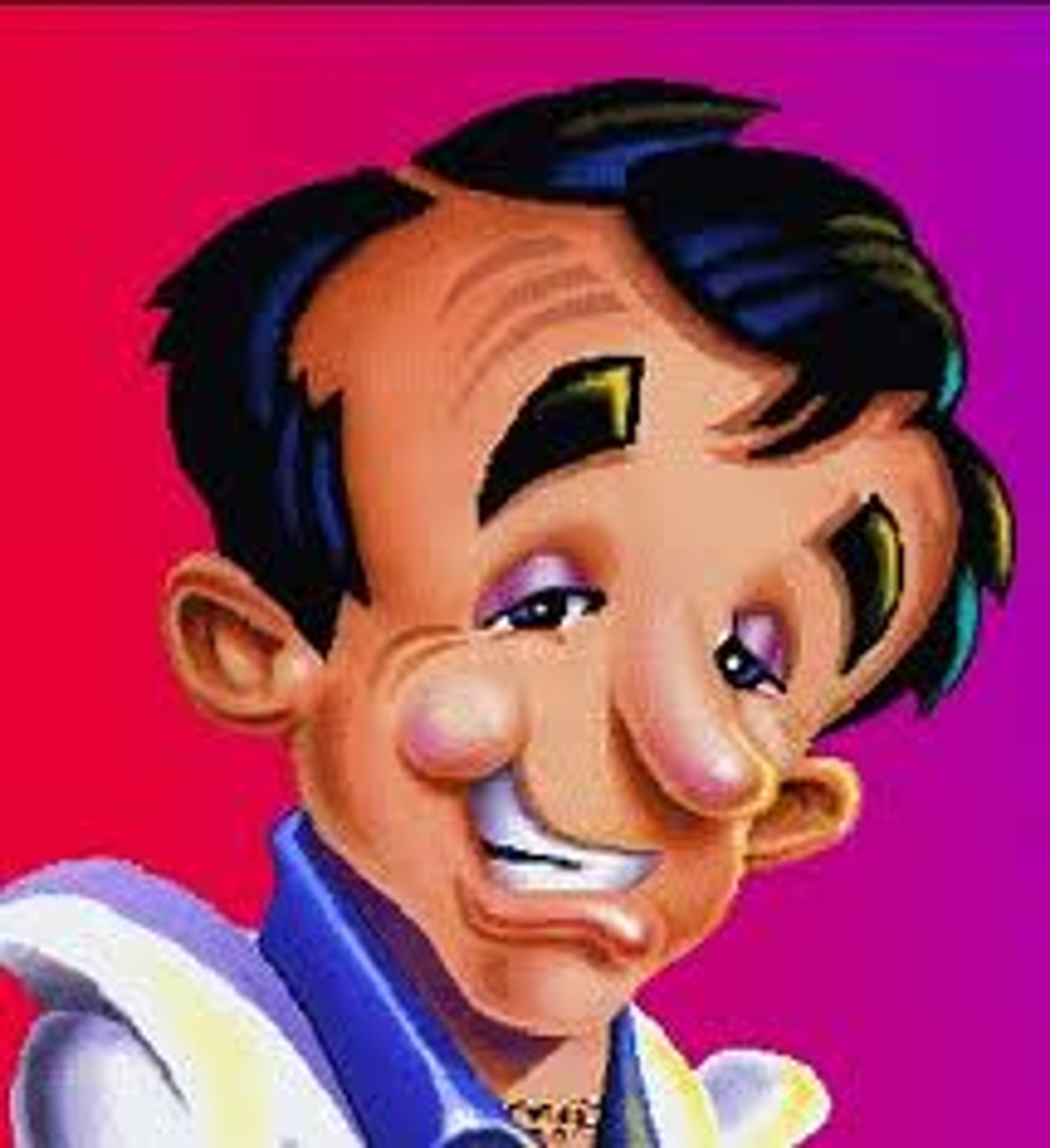 A cartoon character wearing a blue leisure suit with a large nose and mischievous expression