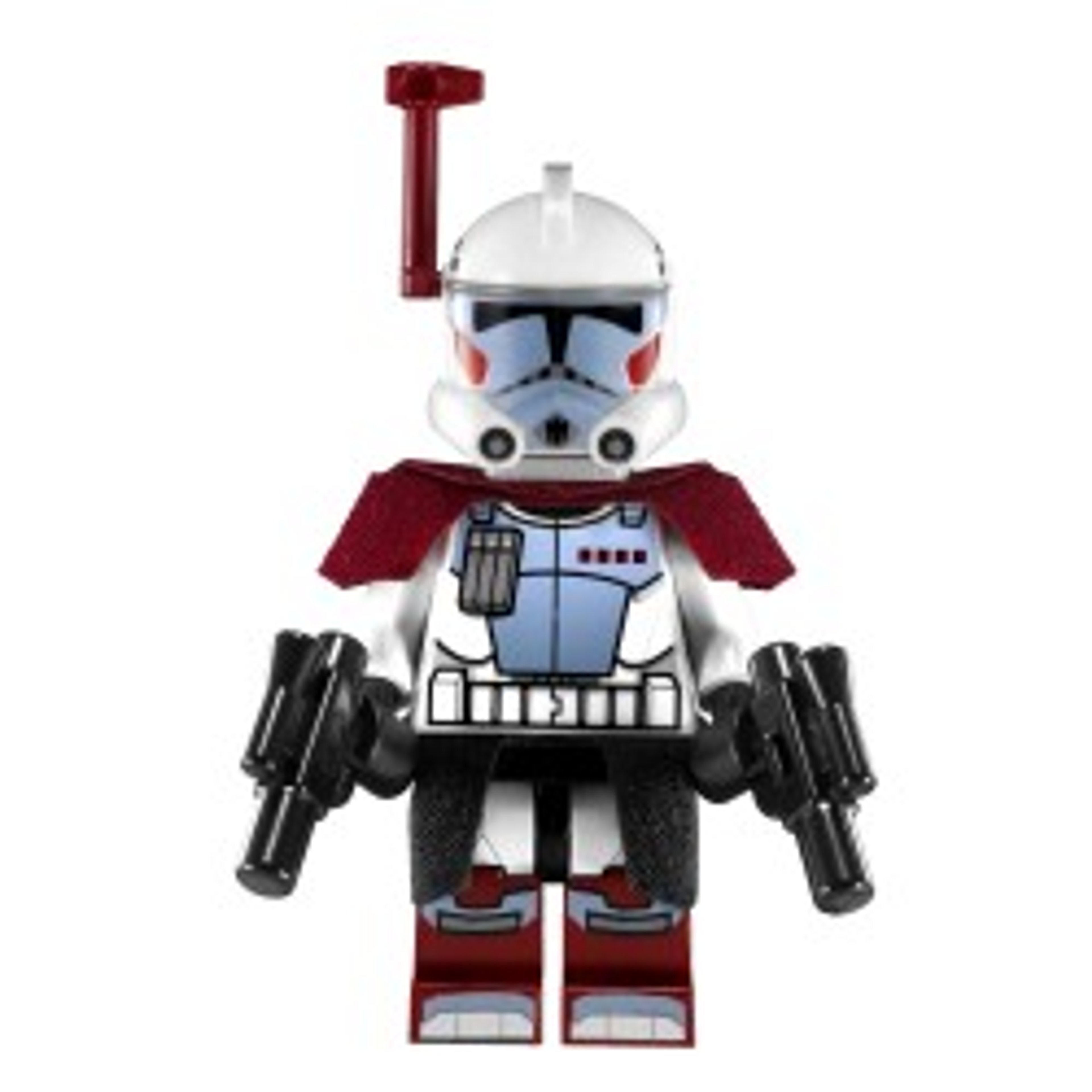 A clone trooper character from the Star Wars universe, wearing distinctive phase II armor and holding two blaster pistols.