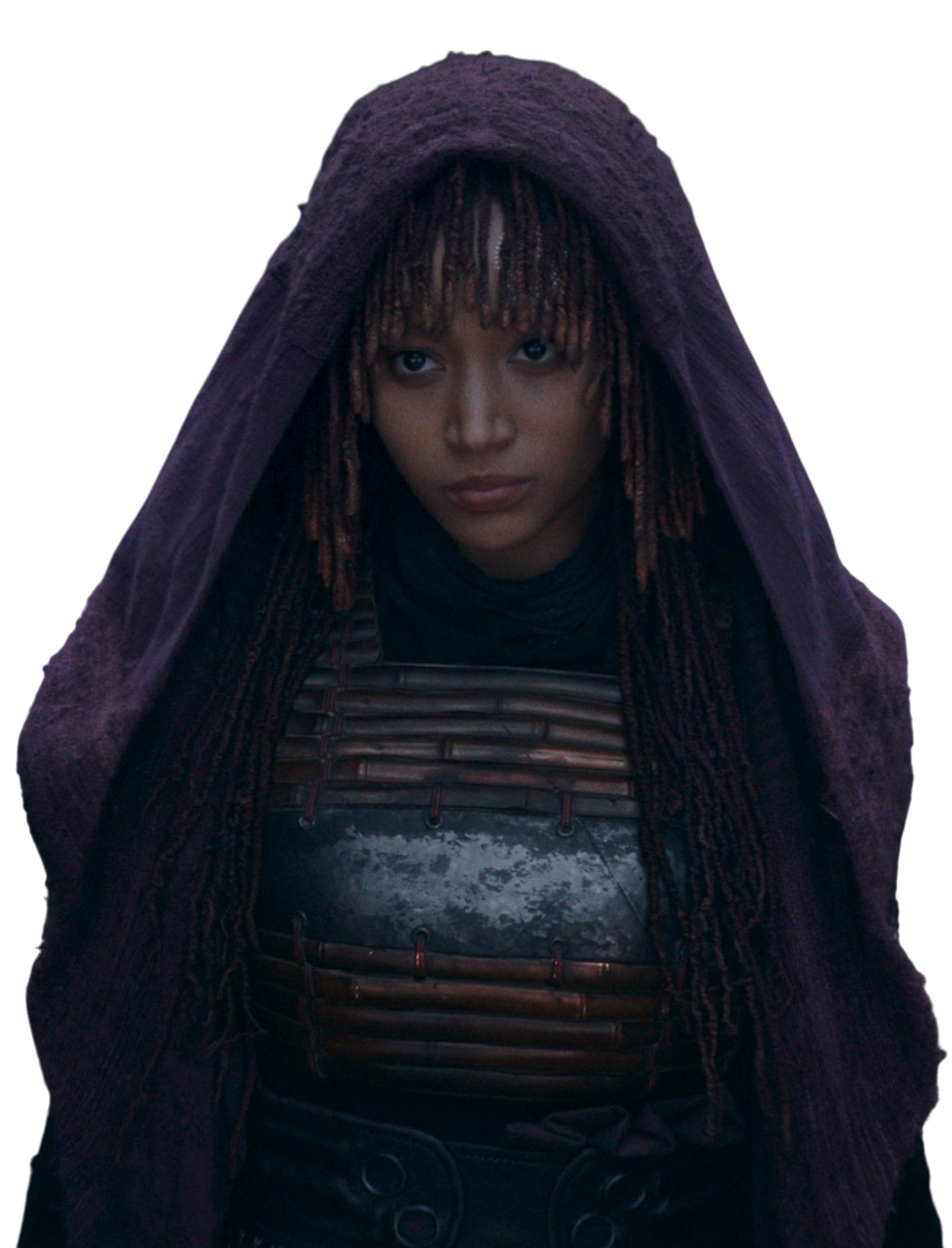 A young woman with dark skin, black hair, and brown eyes wearing a dark hooded robe