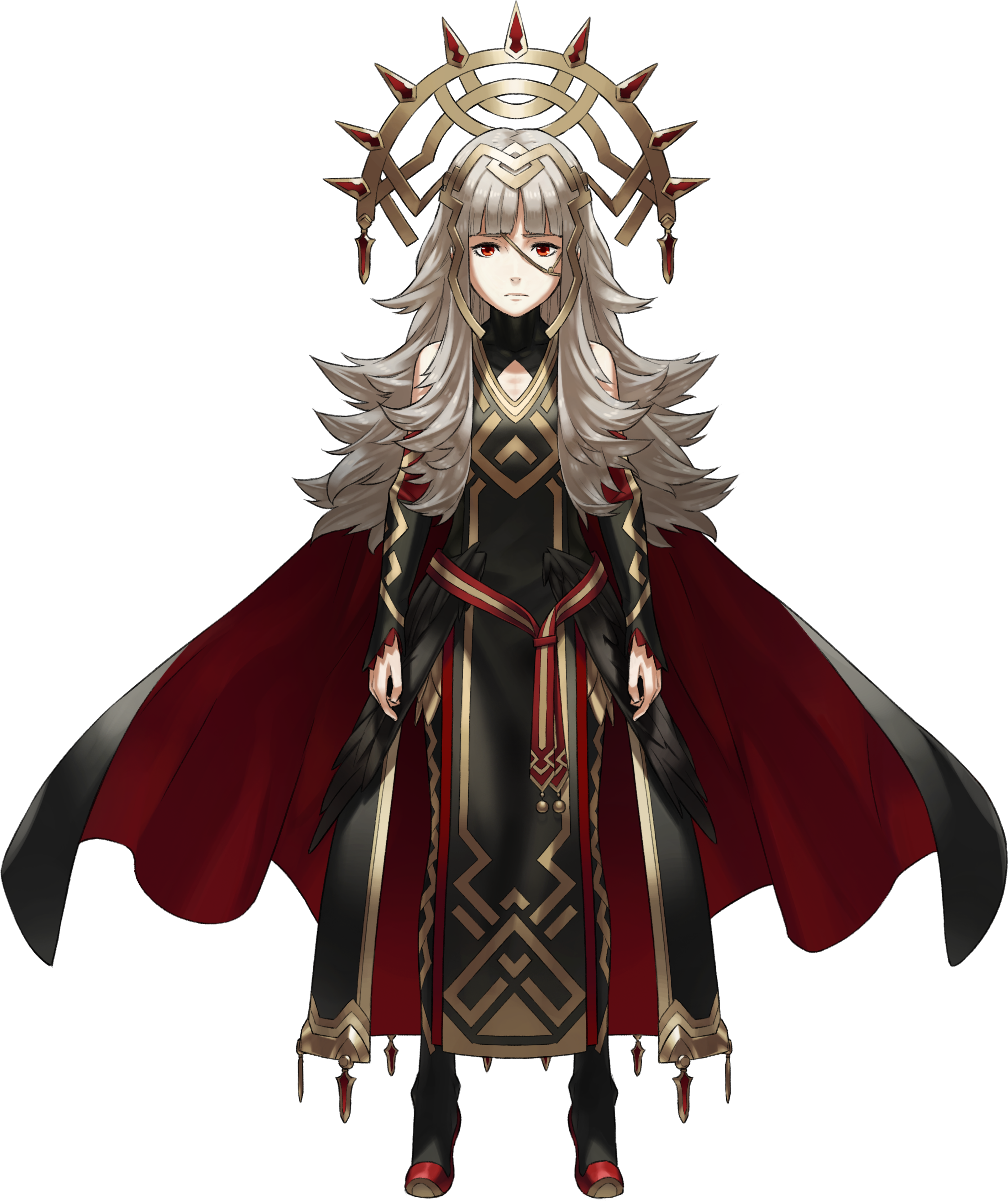 A young woman with long gray hair wearing an elaborate red and black dress with a crown-like headpiece