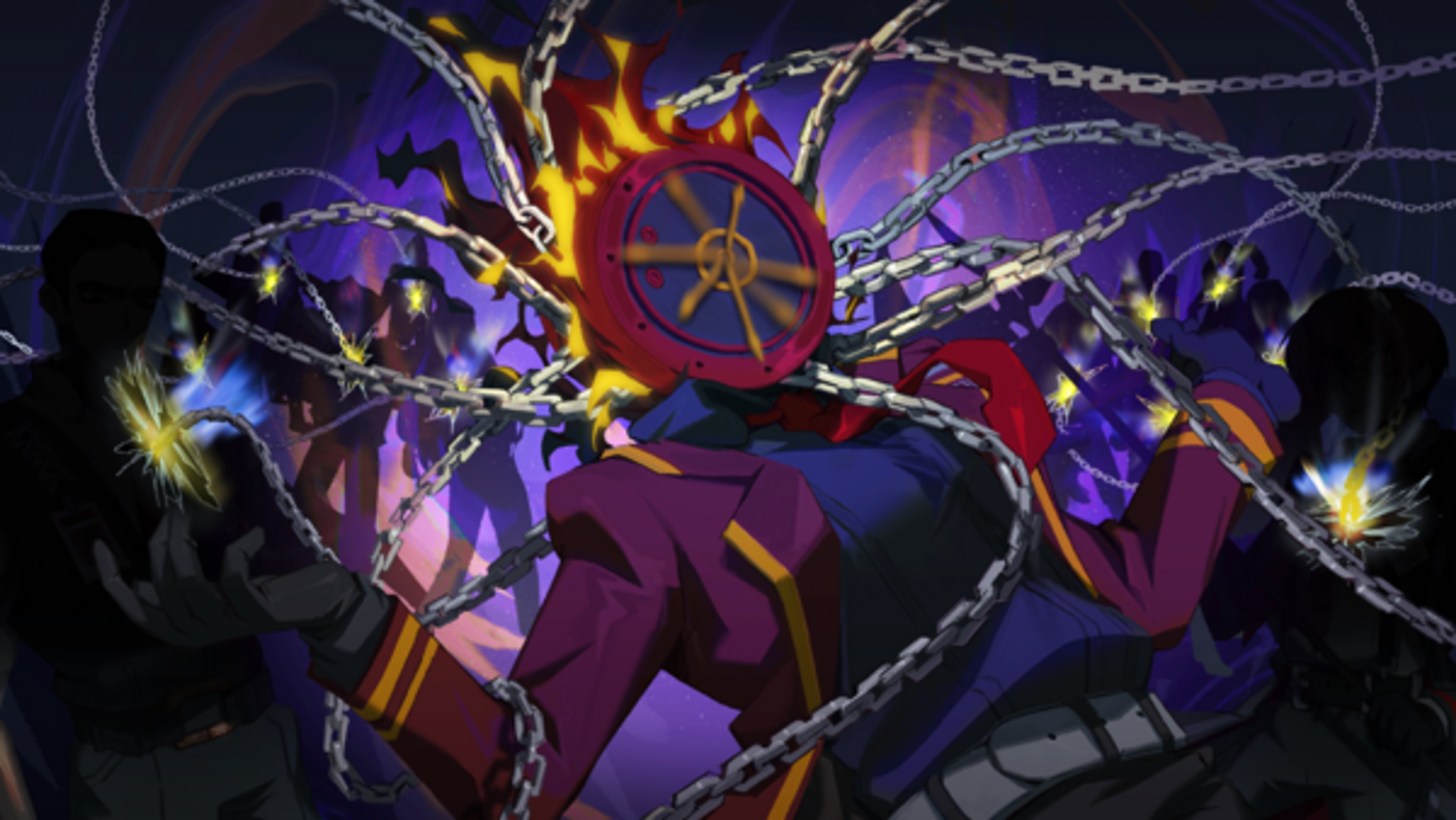 A fantastical, demonic-looking character with horns, glowing red eyes, and a muscular, inhuman physique surrounded by swirling energy.