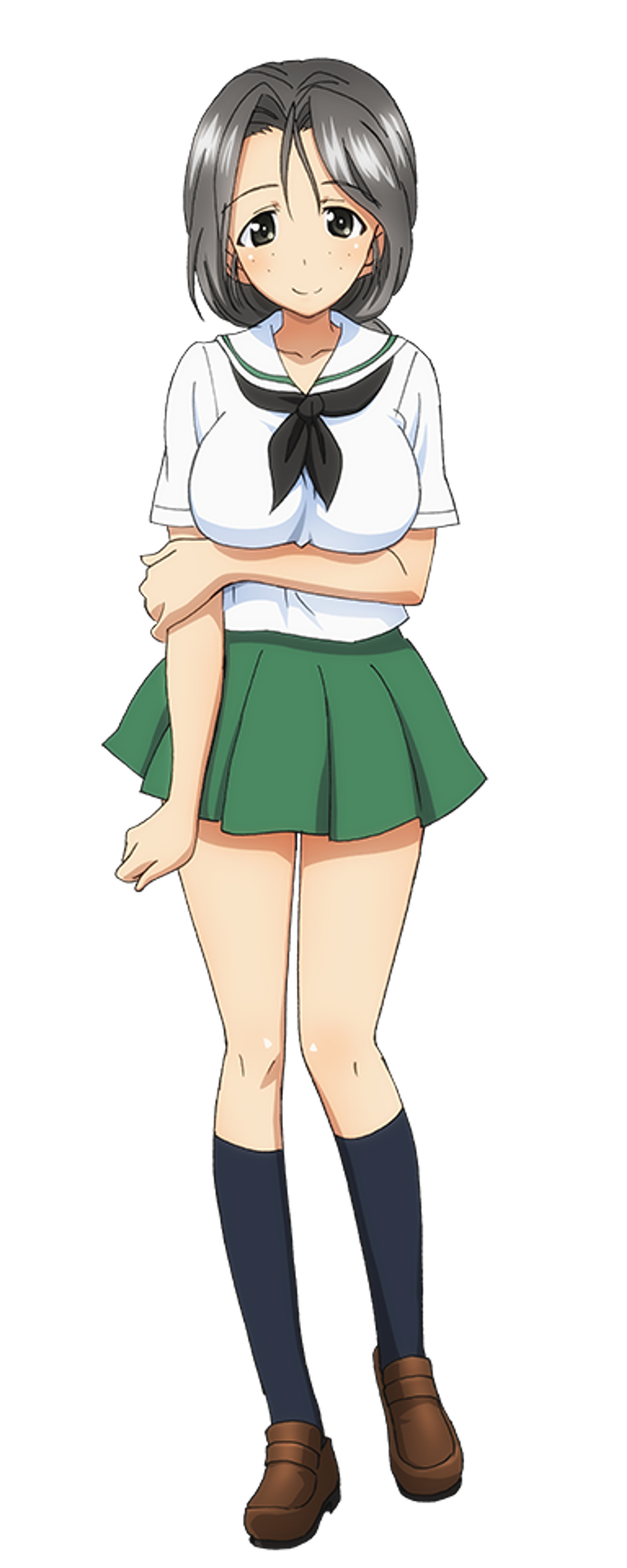 An anime-style character with a gray ponytail and freckles, wearing a white sailor-style school uniform with a green skirt.