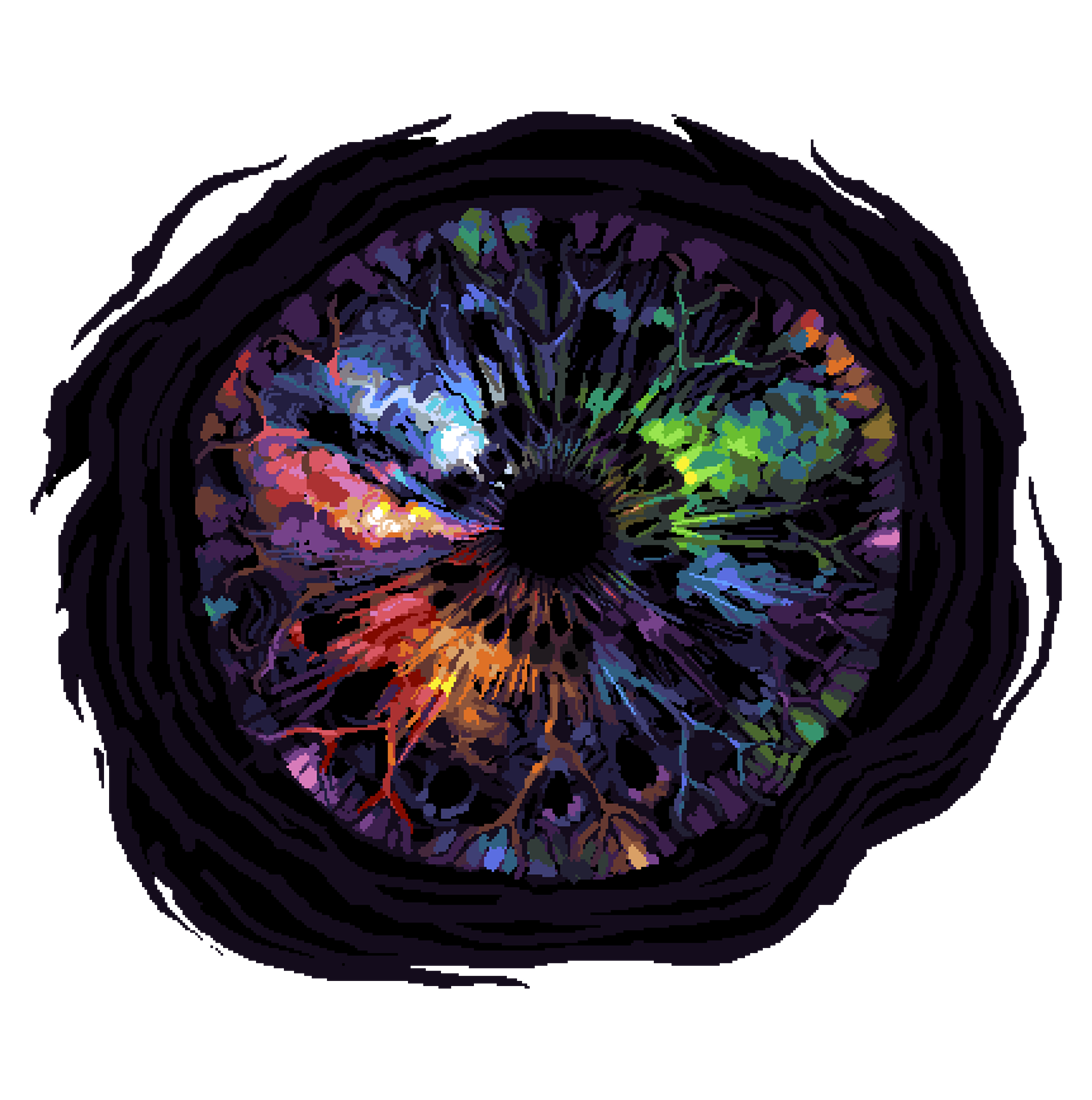 A detailed abstract cosmic eye-like entity composed of swirling, colorful patterns and textures.