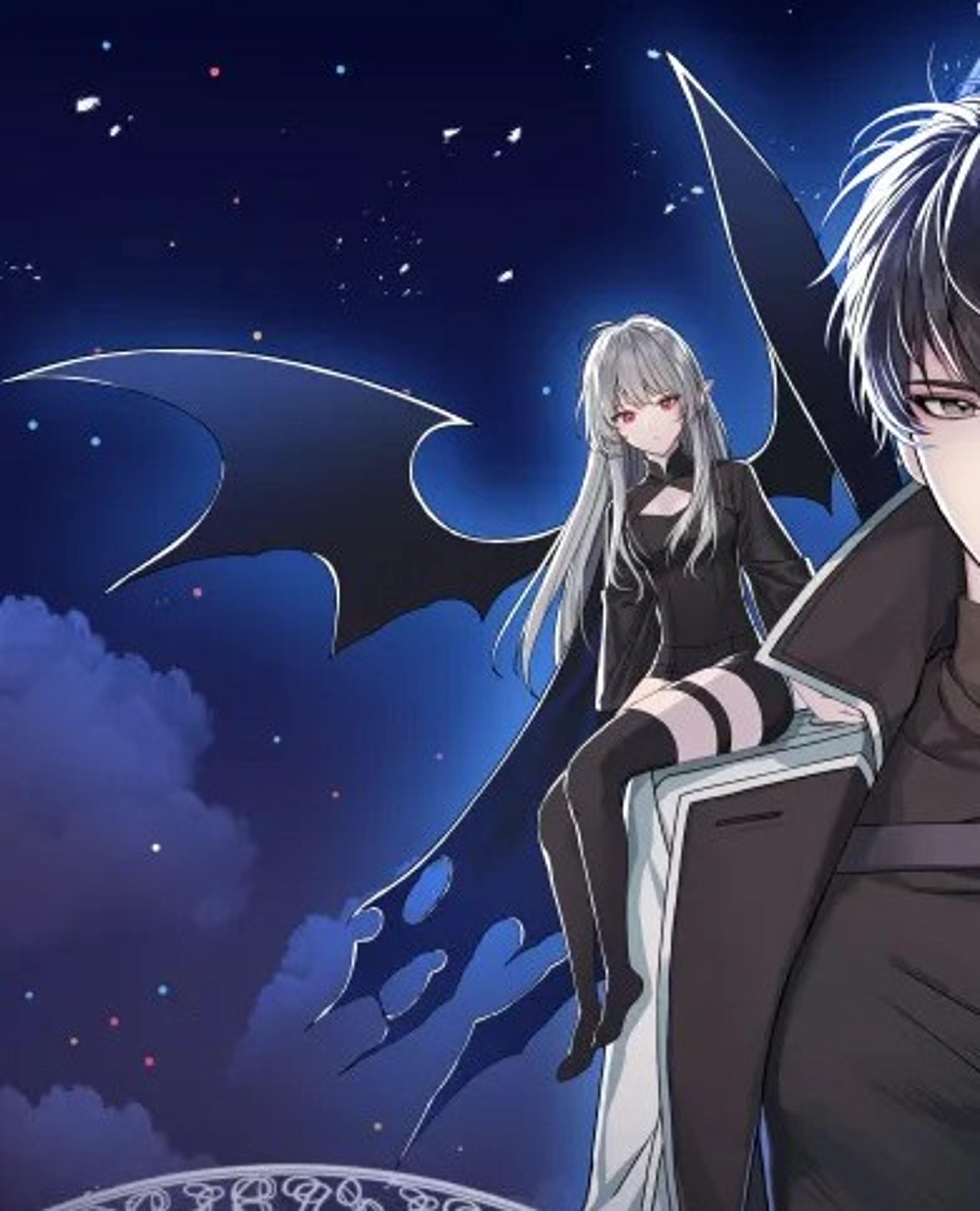 A female vampire-like character with silver hair and red eyes standing in a night sky background