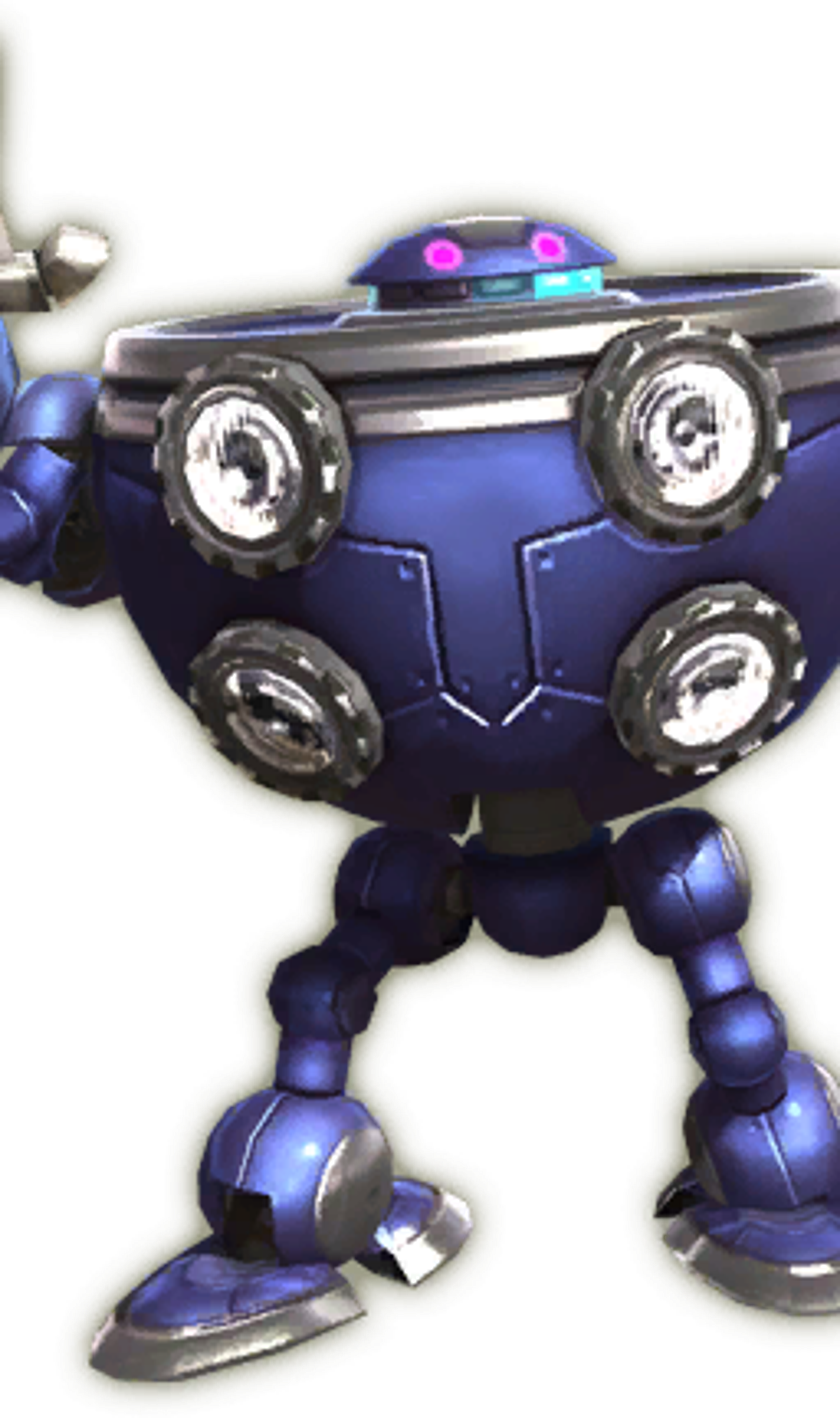 A metallic, humanoid robot character in shades of purple and cyan.