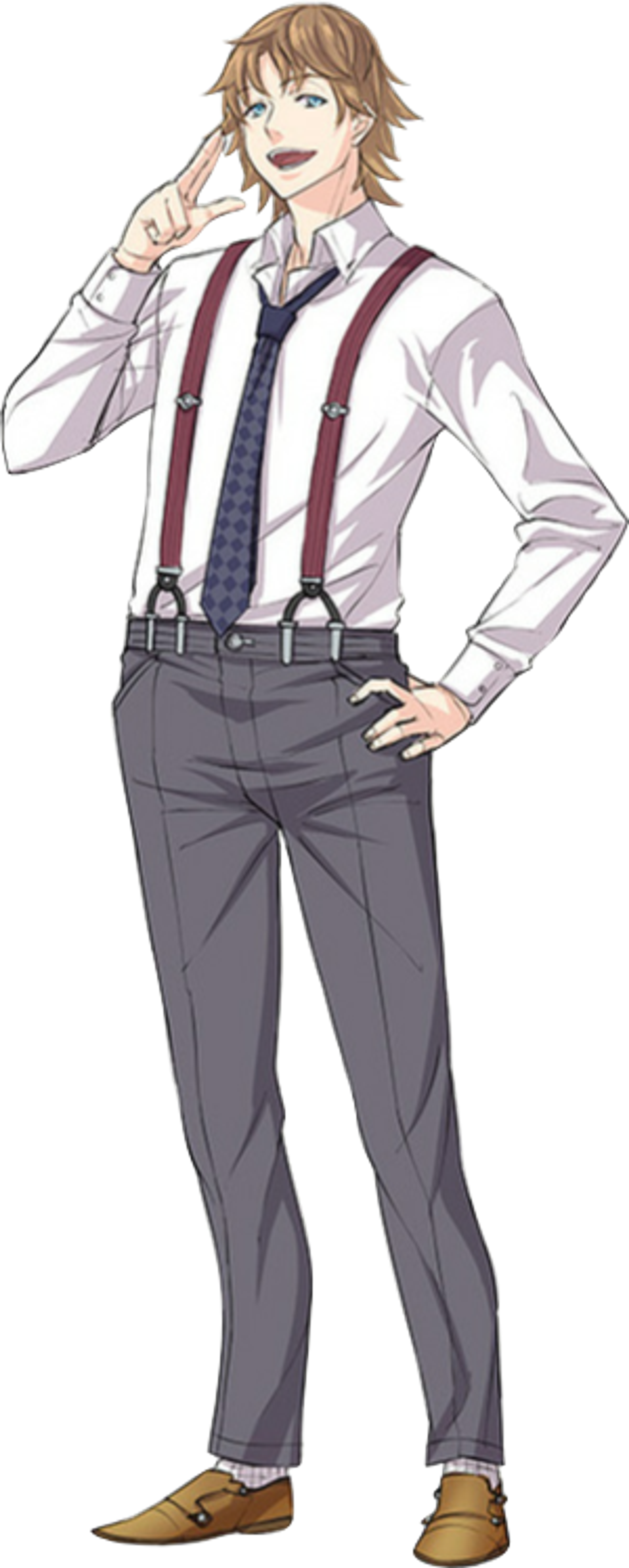 A young man in a white shirt and gray pants making a confident gesture