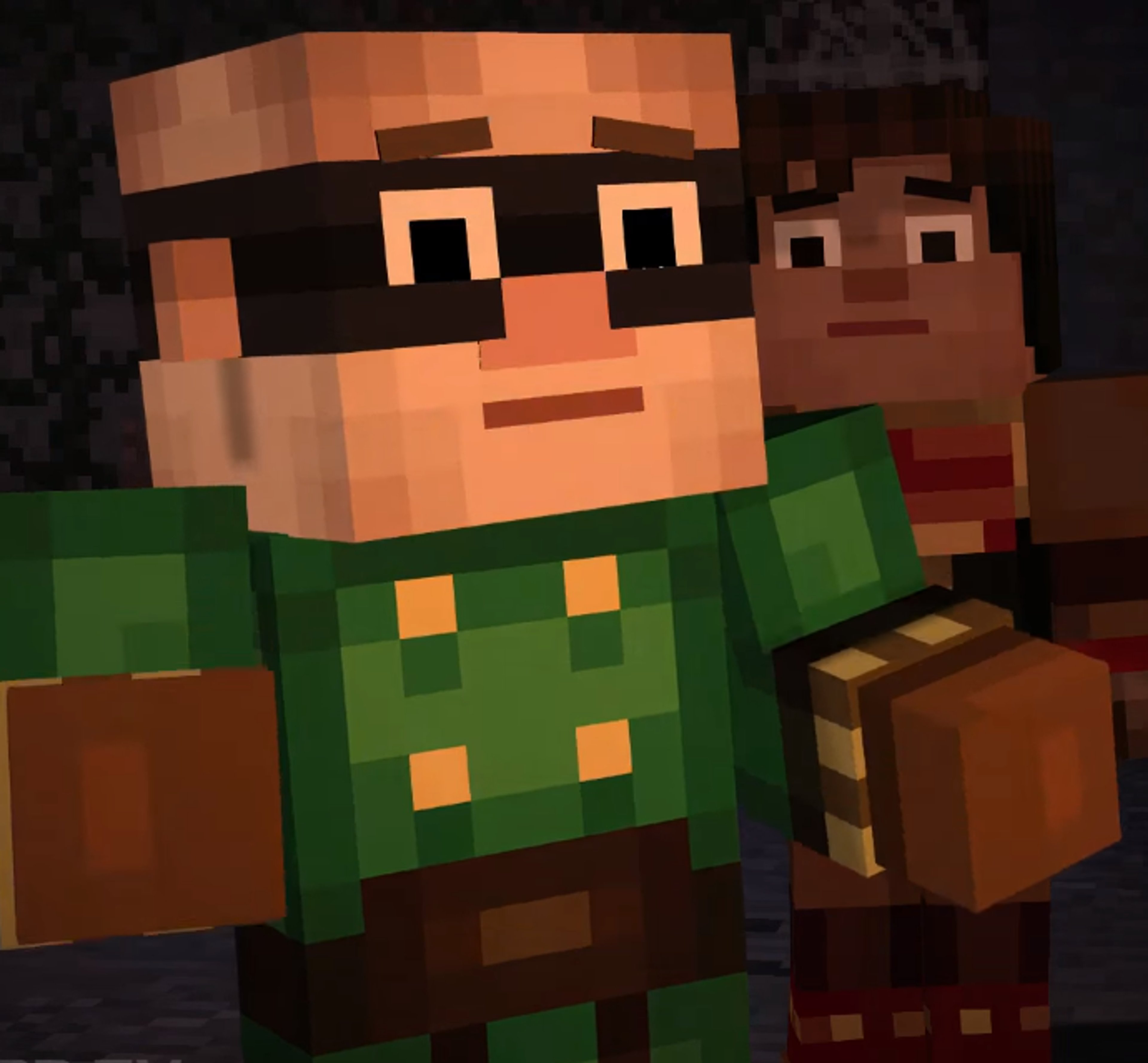 A bald, charismatic character in emerald-green armor with a black bandana