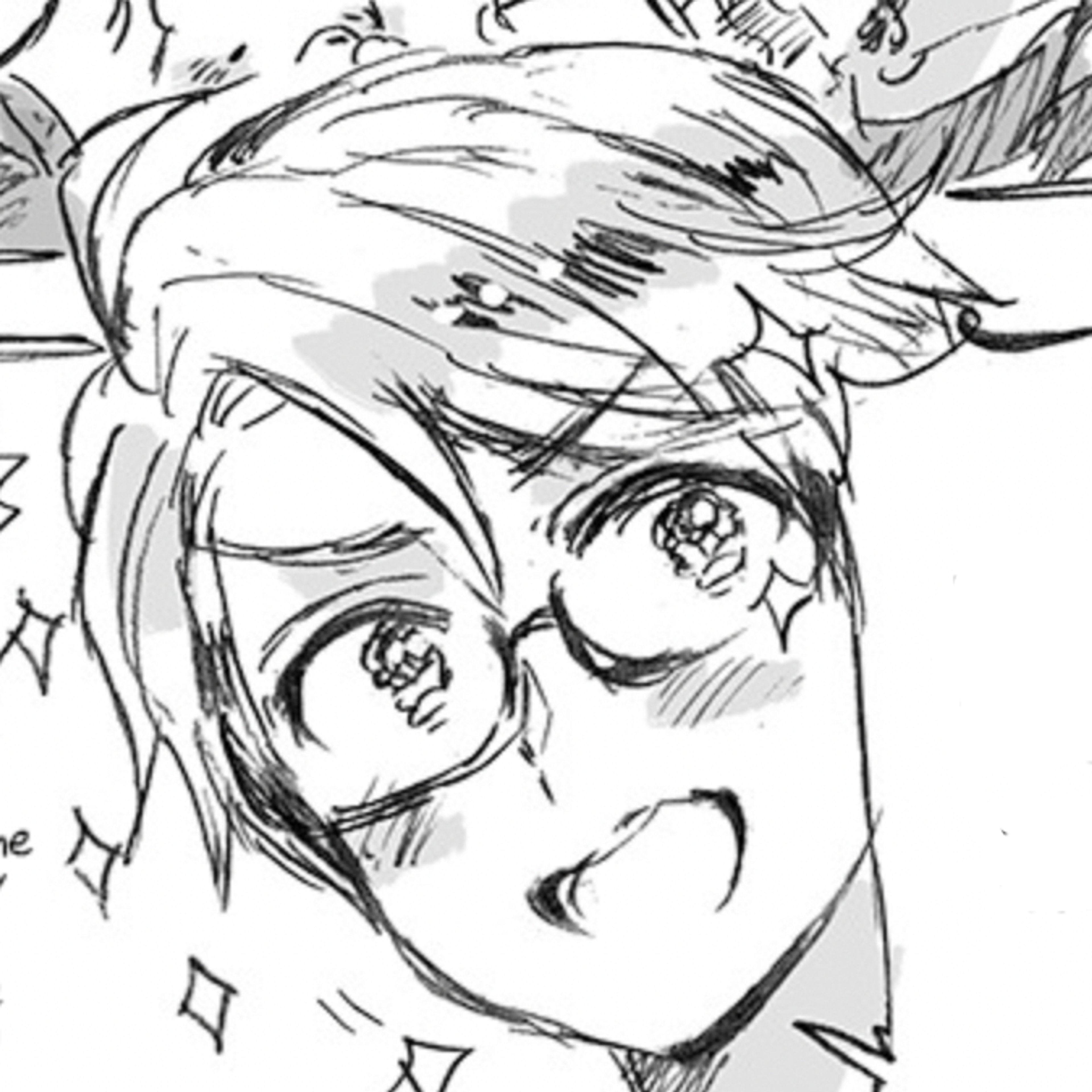 A sketch of a young man with blond hair and blue eyes, wearing a bomber jacket with the number 50 on the back.