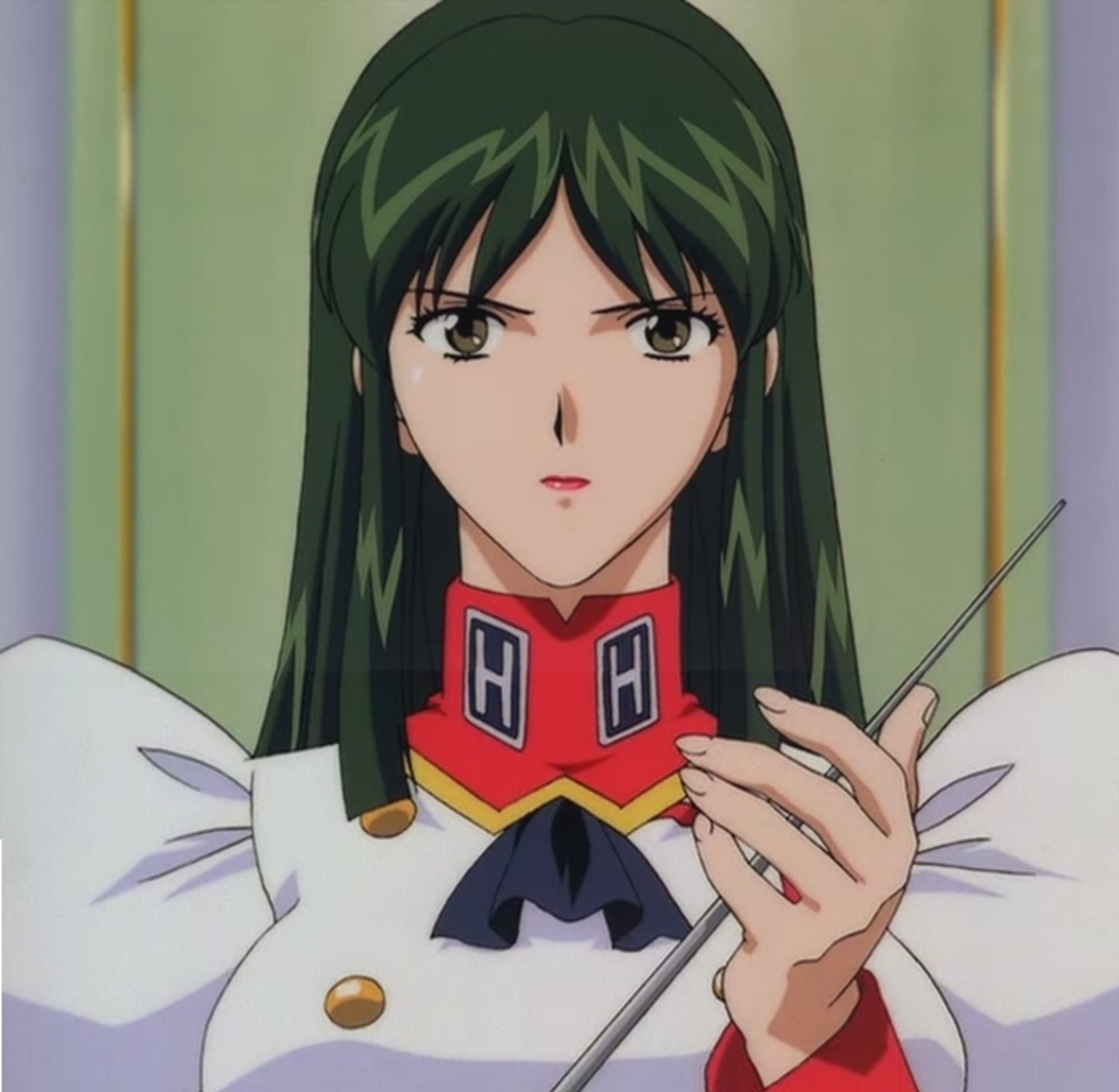 An anime-style character with green hair wearing a white military uniform with a blue miniskirt, holding a red book or device.