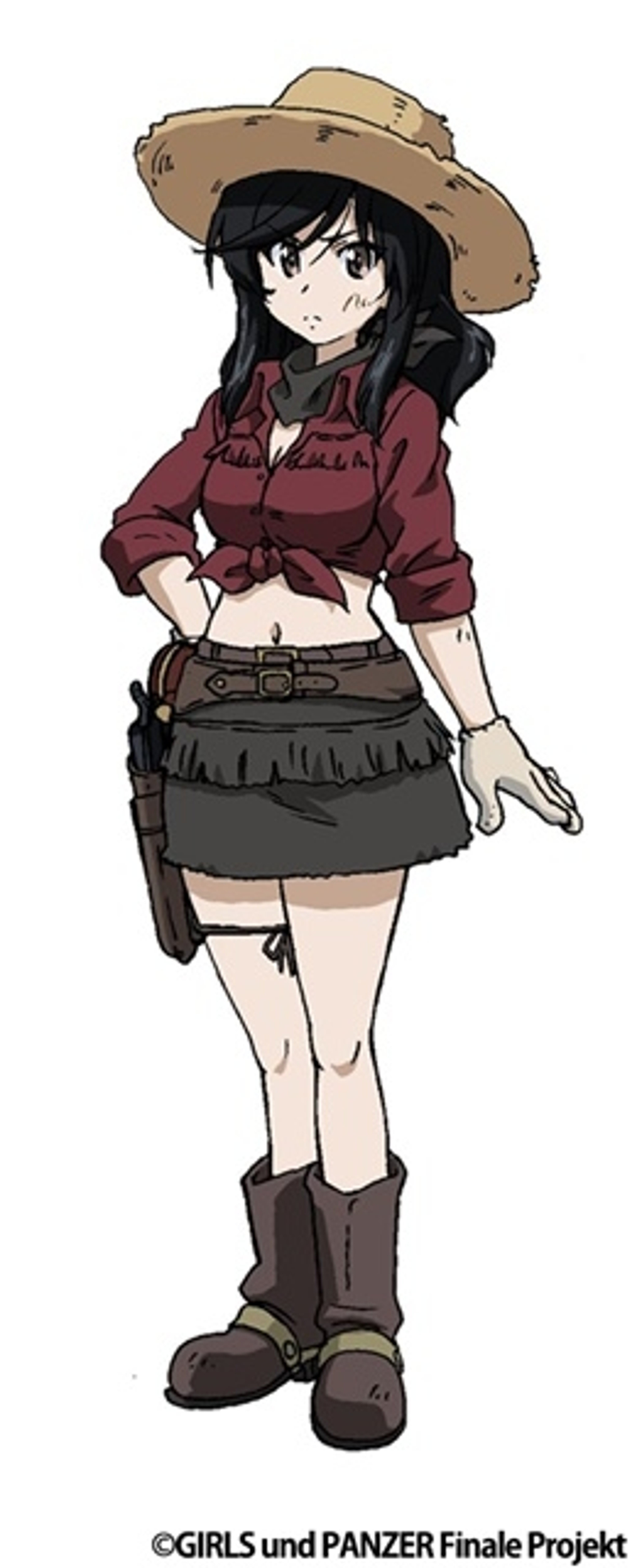 A young woman in a cowgirl-style outfit standing with a determined expression