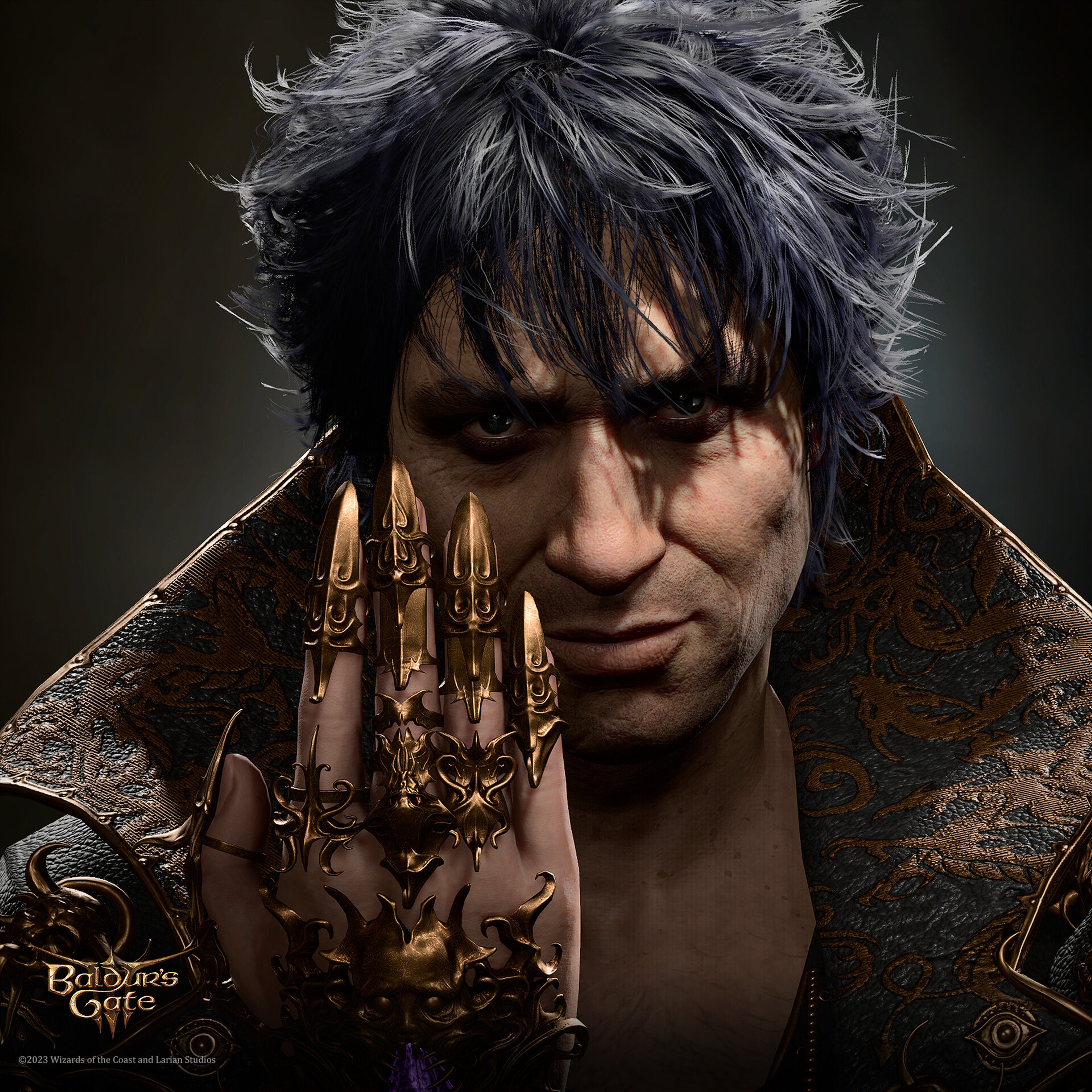 A dark, intense-looking man with a scar on his face, wearing an ornate and powerful-looking outfit.