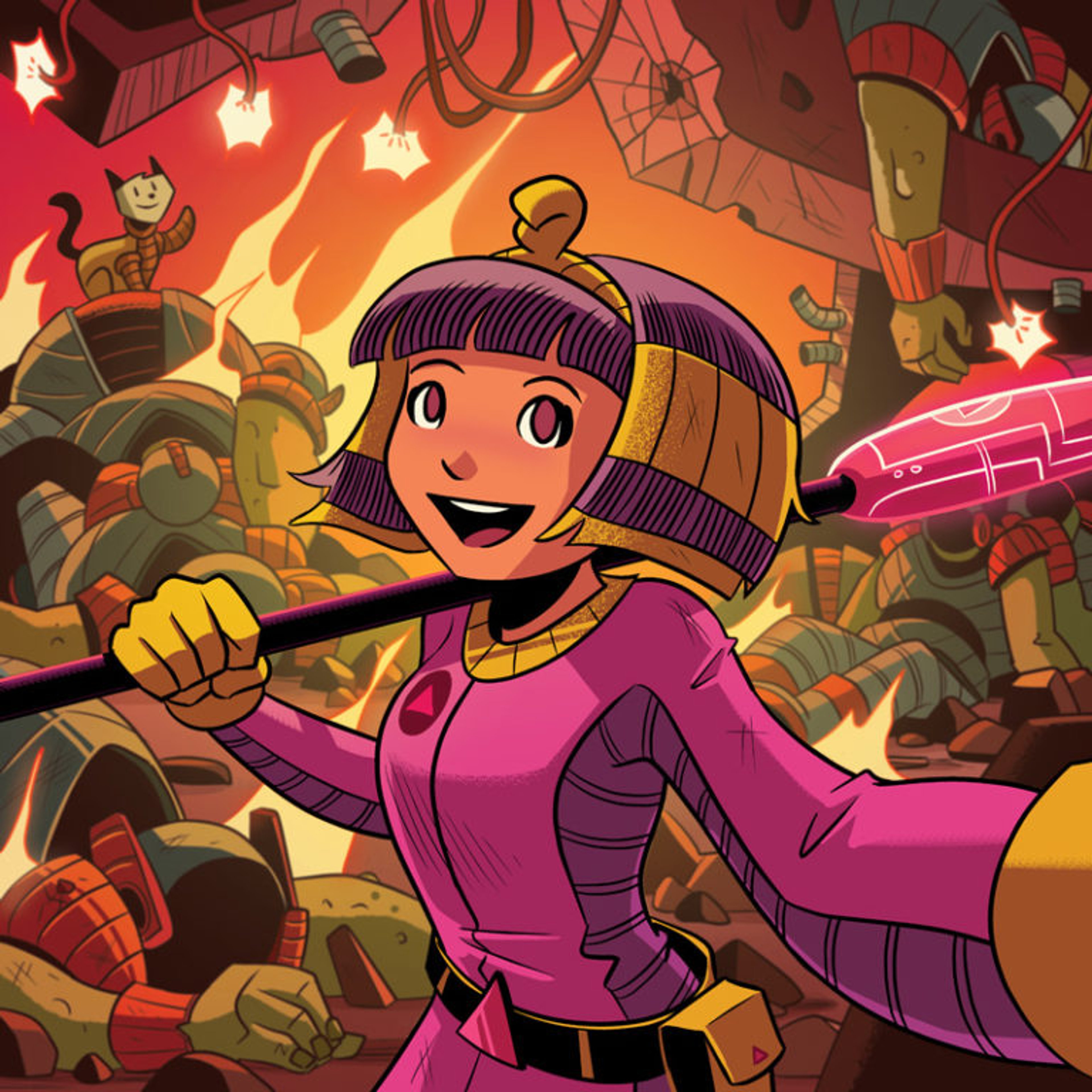 A young girl in a pink and purple outfit holding a futuristic weapon in a chaotic, futuristic setting