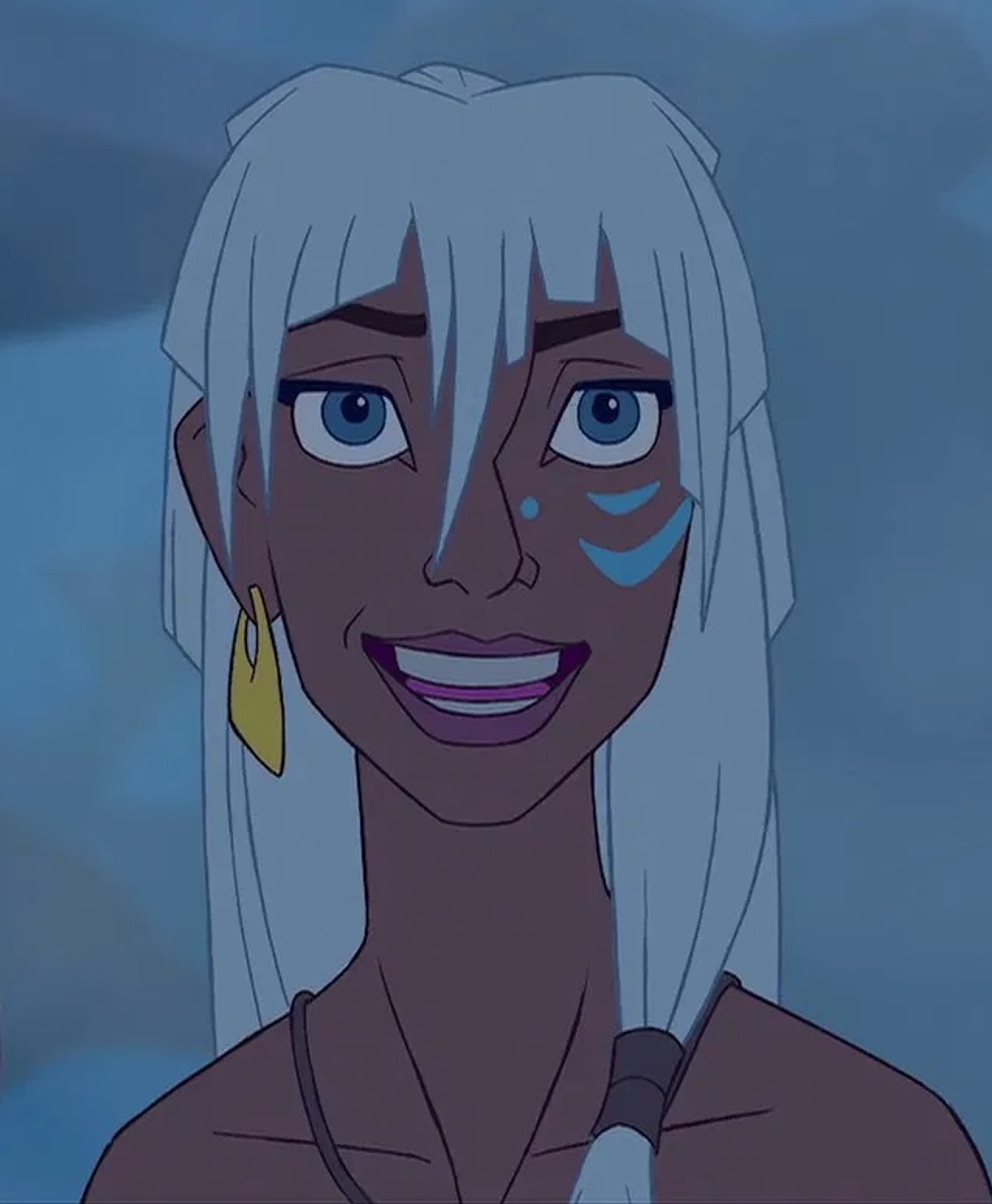 An animated female character with long white hair and blue eyes, wearing a blue outfit.