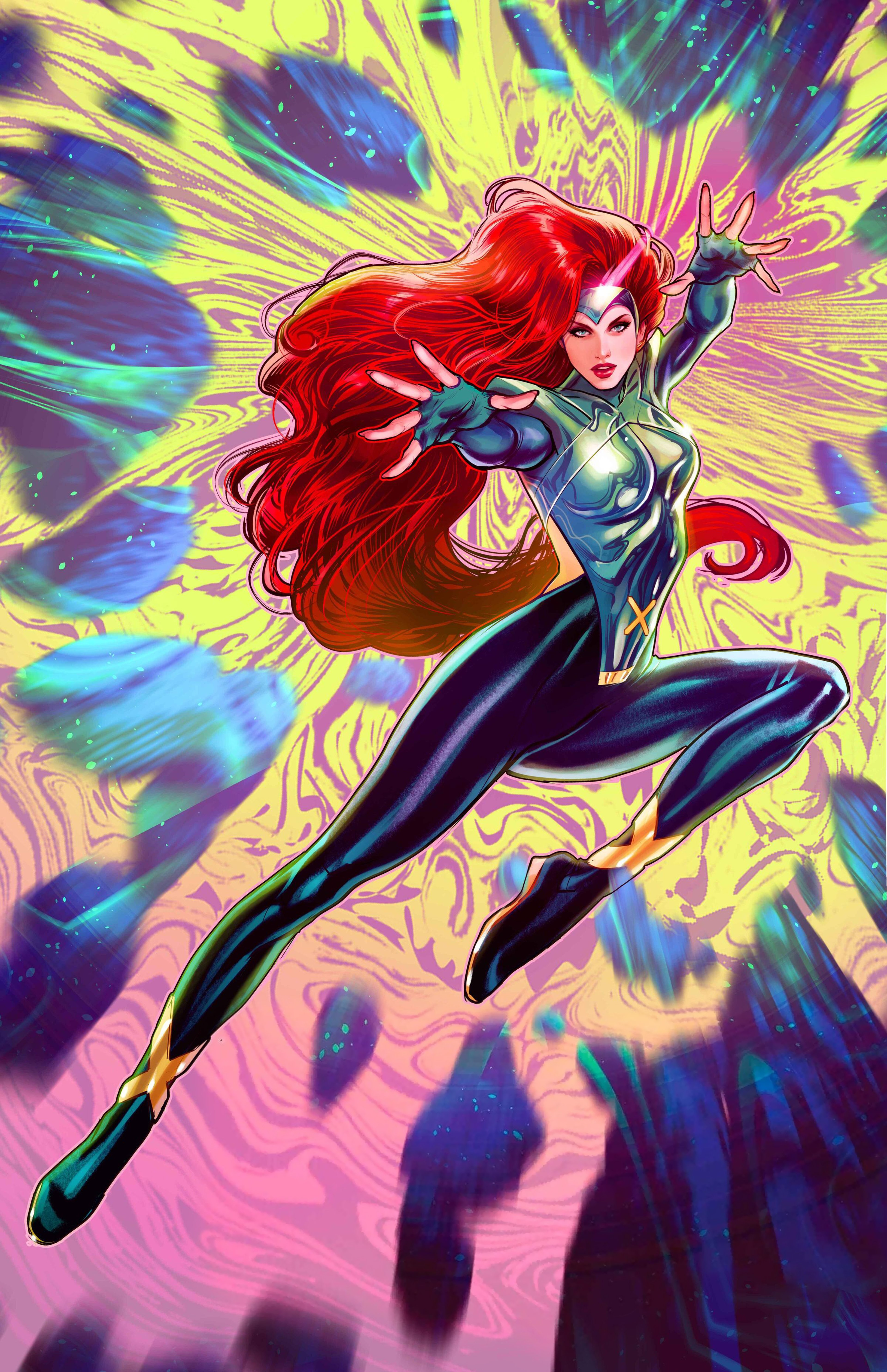 A powerful female superhero character with red hair and a blue and yellow costume, posed in an action-oriented stance against a colorful abstract background.