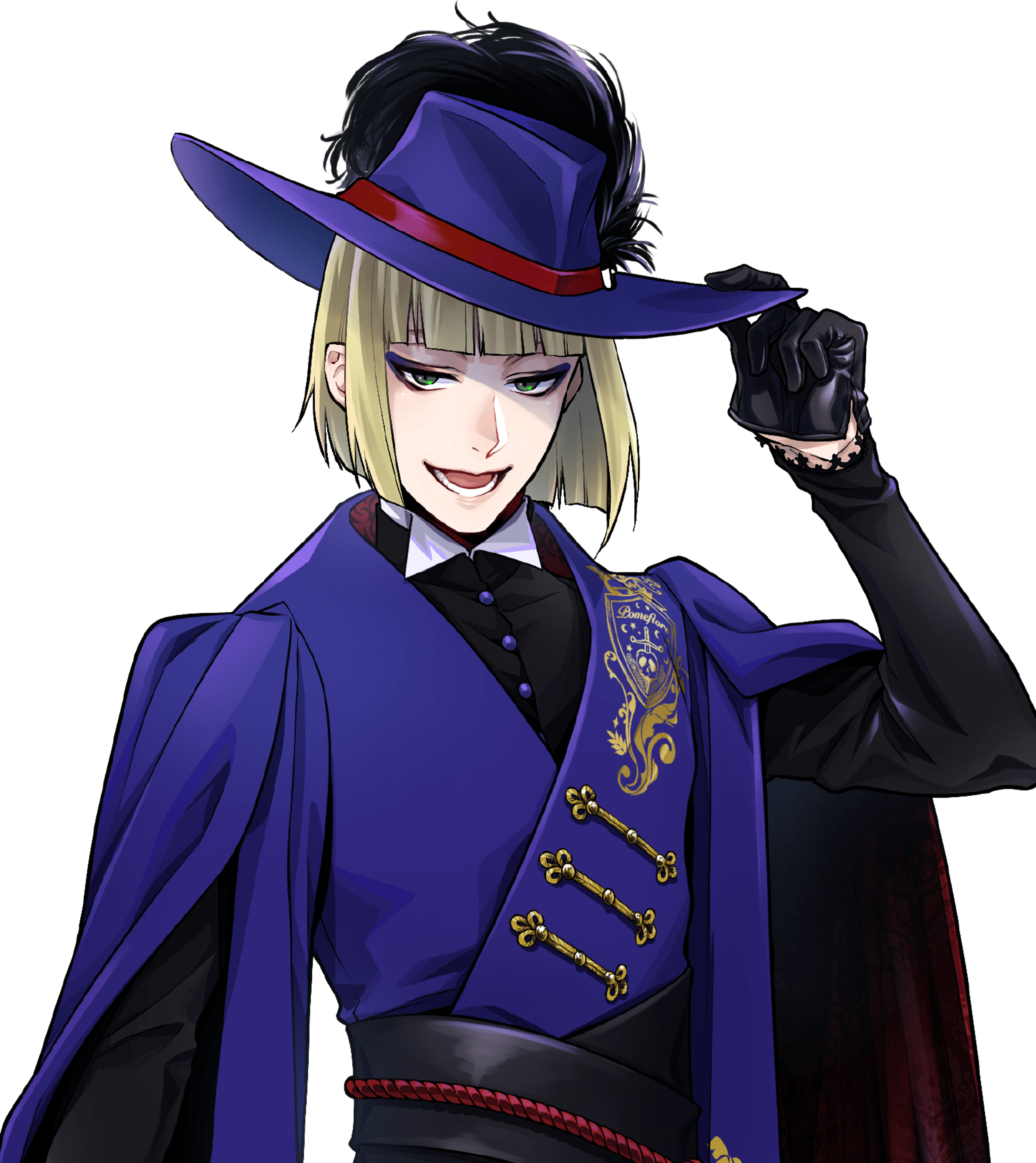 A young man with a flamboyant and eccentric appearance, wearing a wide-brimmed hat and a purple coat with gold accents.