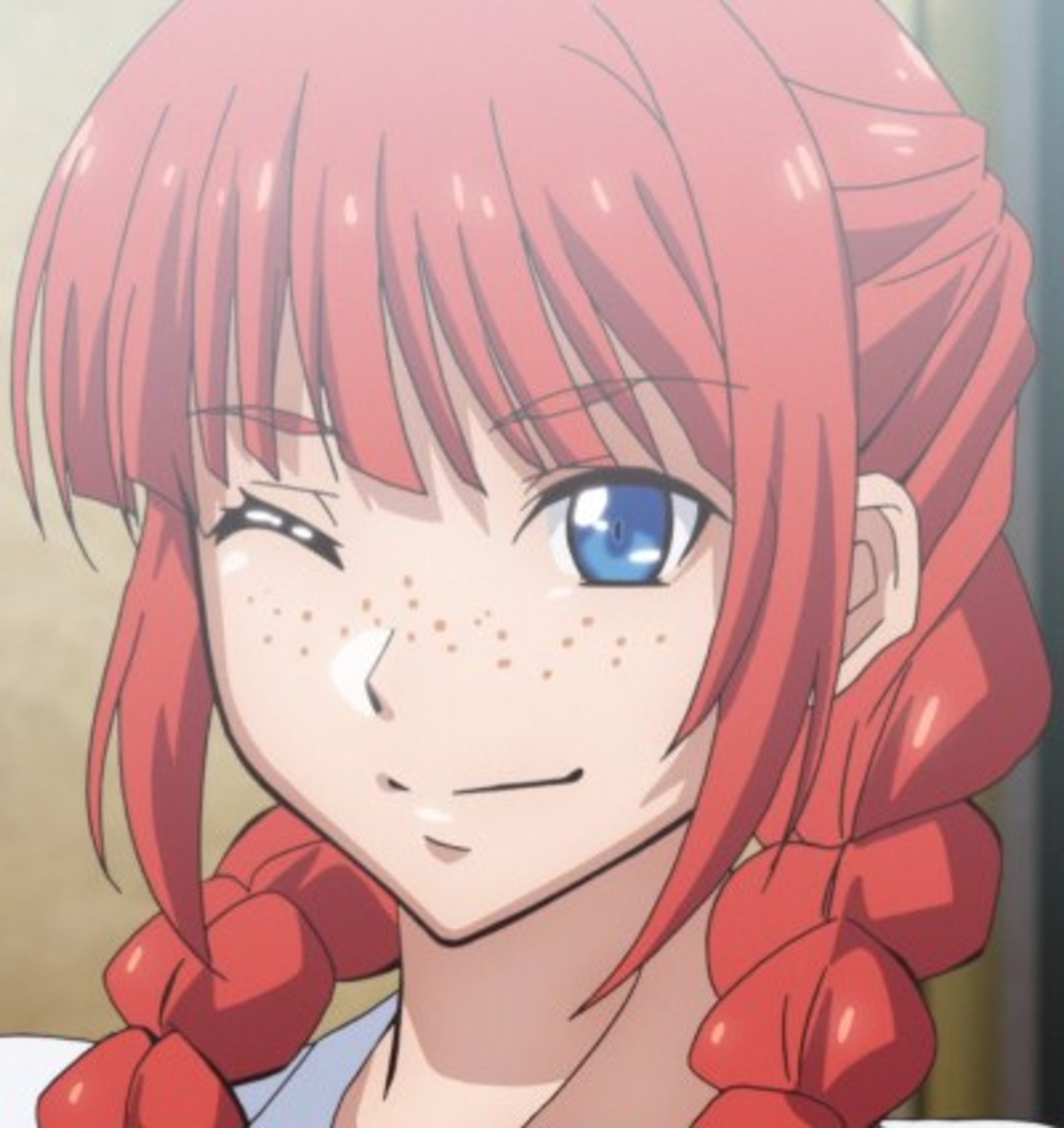 Female scientist with red braids and blue eyes