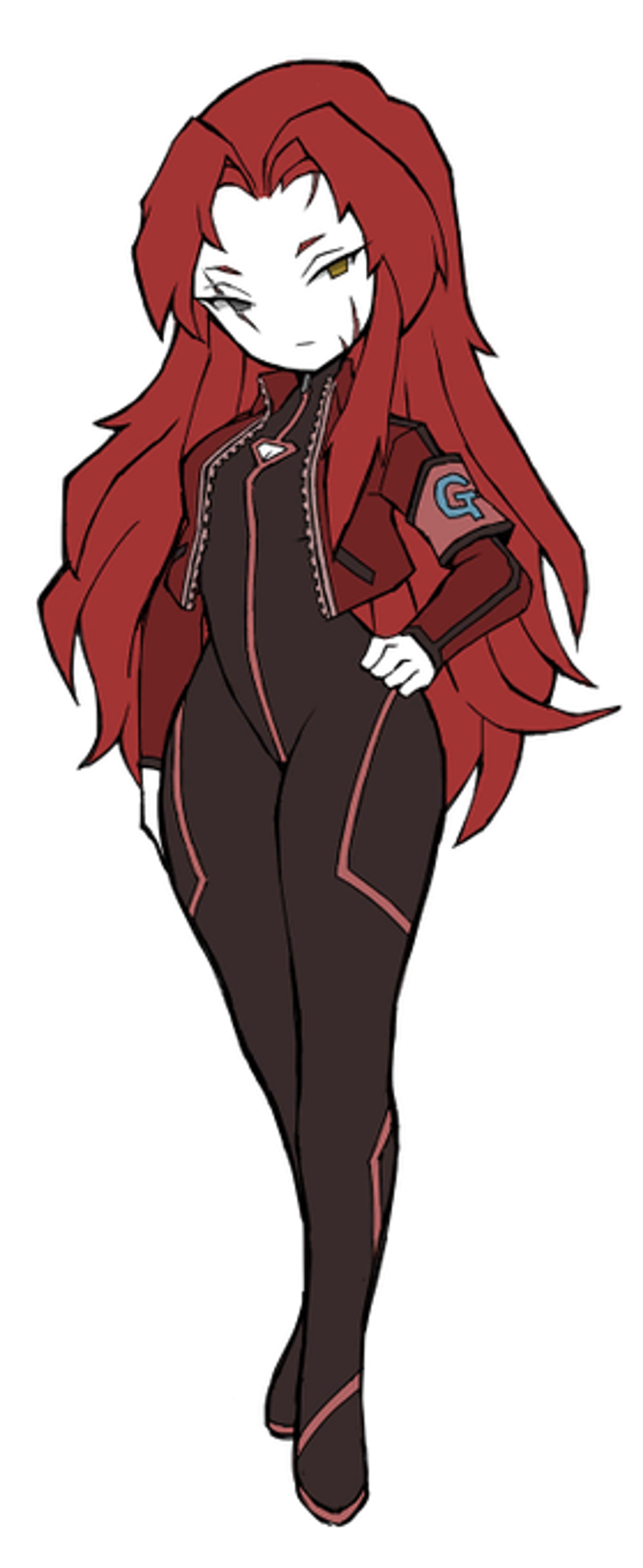 A woman with long red hair, scars on her face, and a red jacket and suit