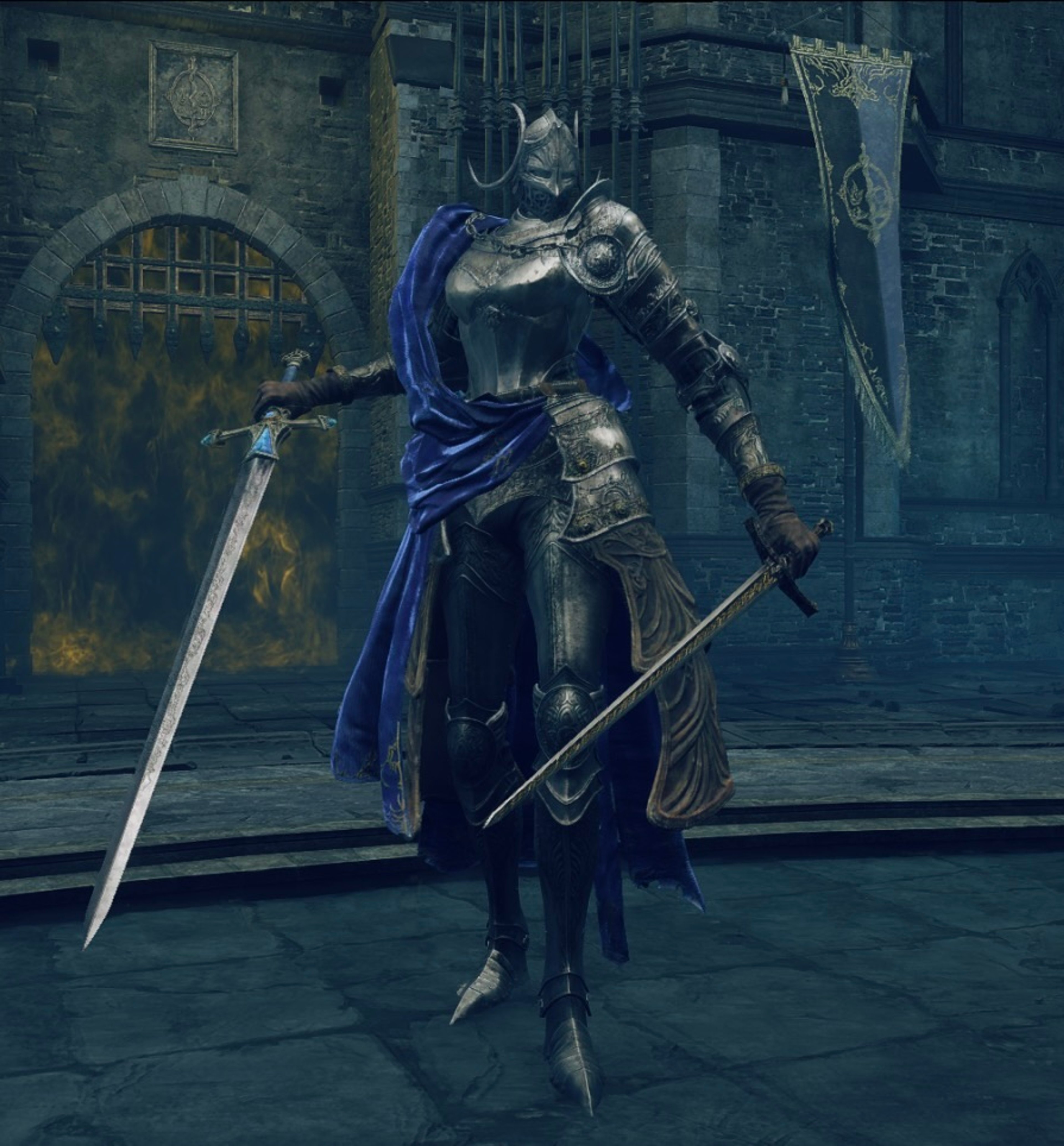 A heavily armored female warrior wielding two greatswords